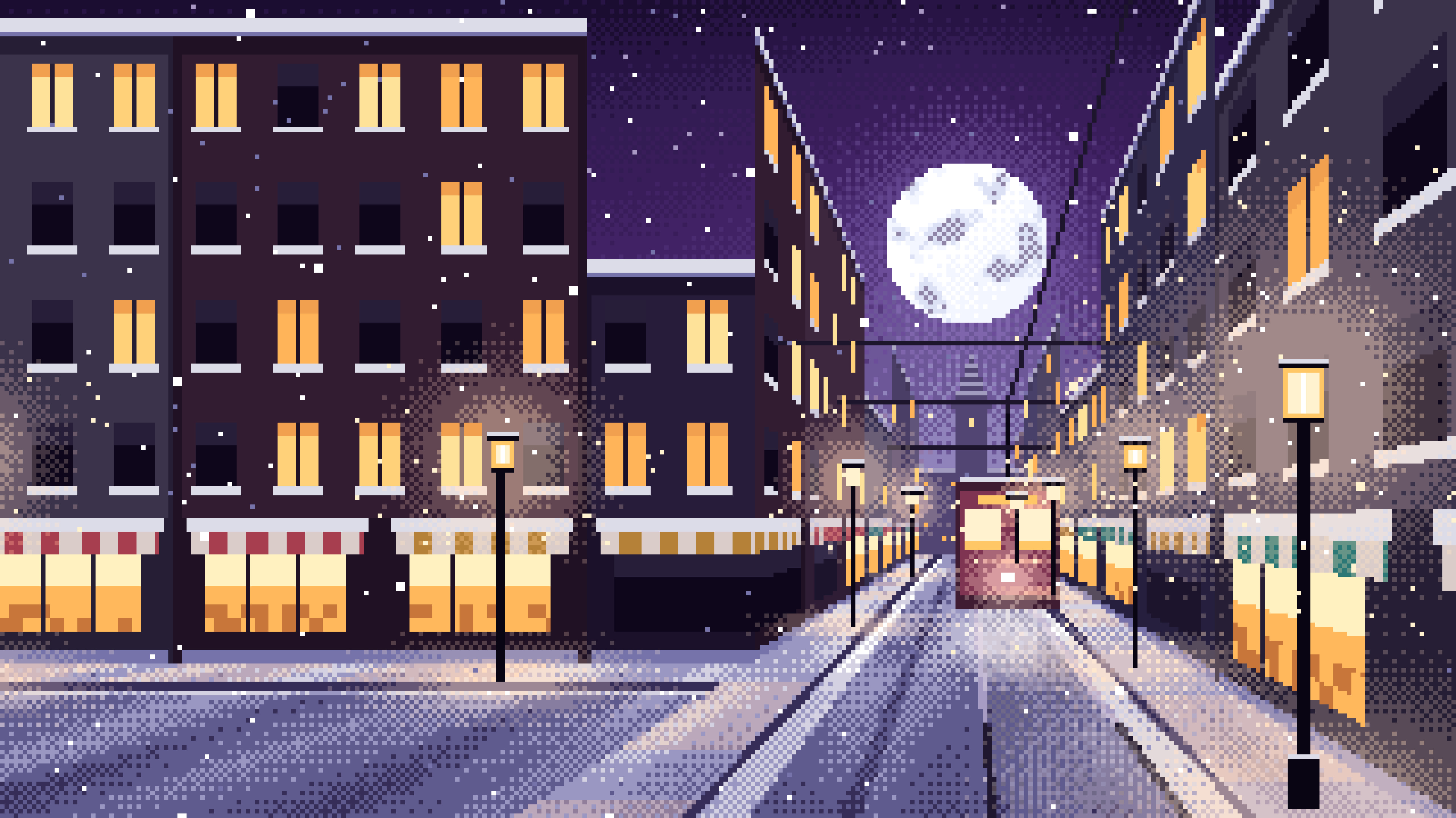 Dark Purple Pixel Art Snowy City Street desktop wallpaper in 4K