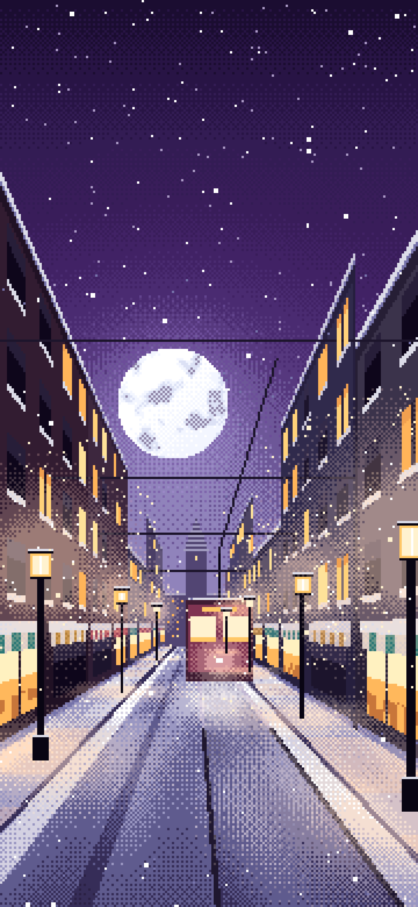 Dark Purple Pixel Art Snowy City Street wallpaper for iPhone and Android