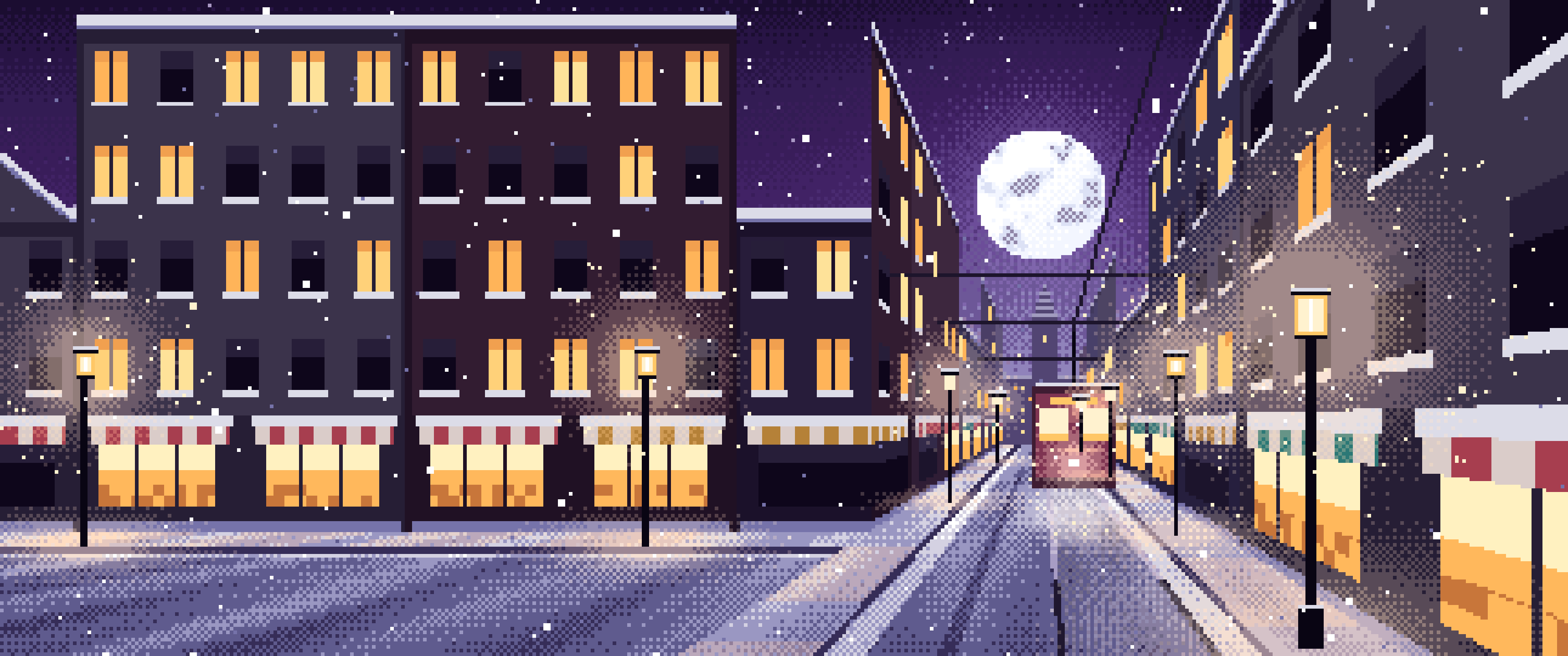 Dark Purple Pixel Art Snowy City Street ultrawide wallpaper, 3440 × 1440