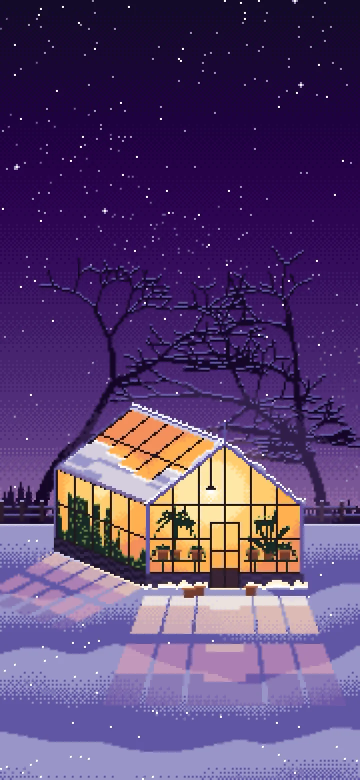 Dark Purple Pixel Art Snowy Greenhouse at Night wallpaper for iPhone and Android