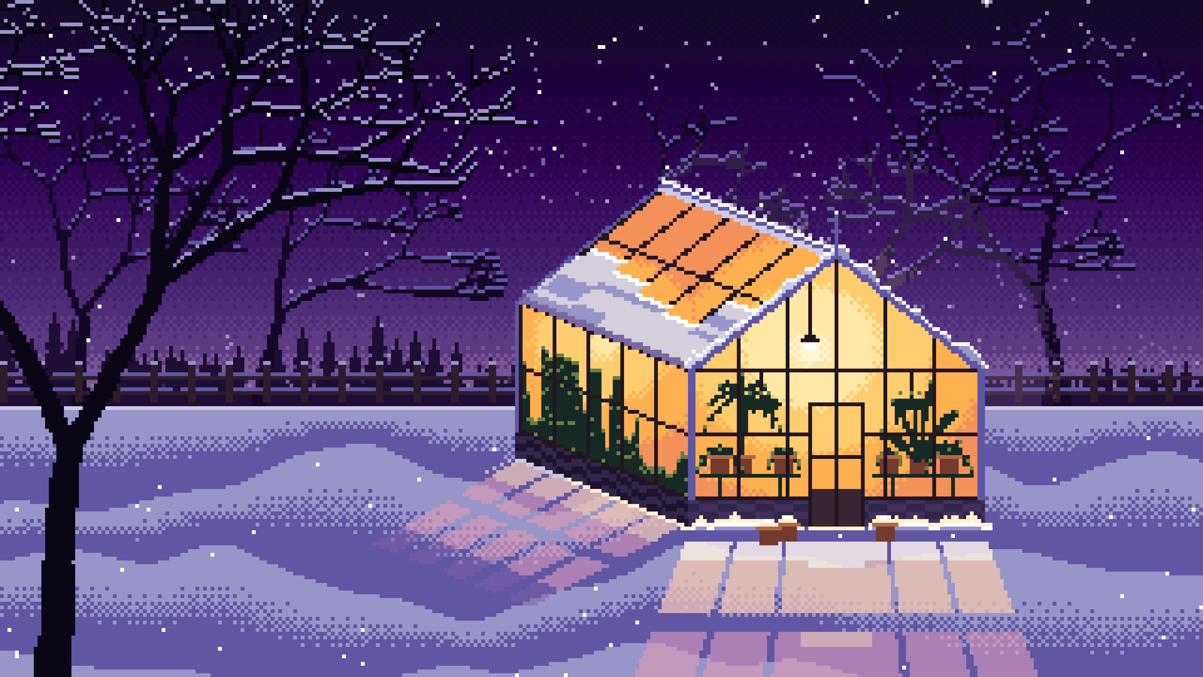 Dark Purple Pixel Art Snowy Greenhouse at Night desktop wallpaper in 4K