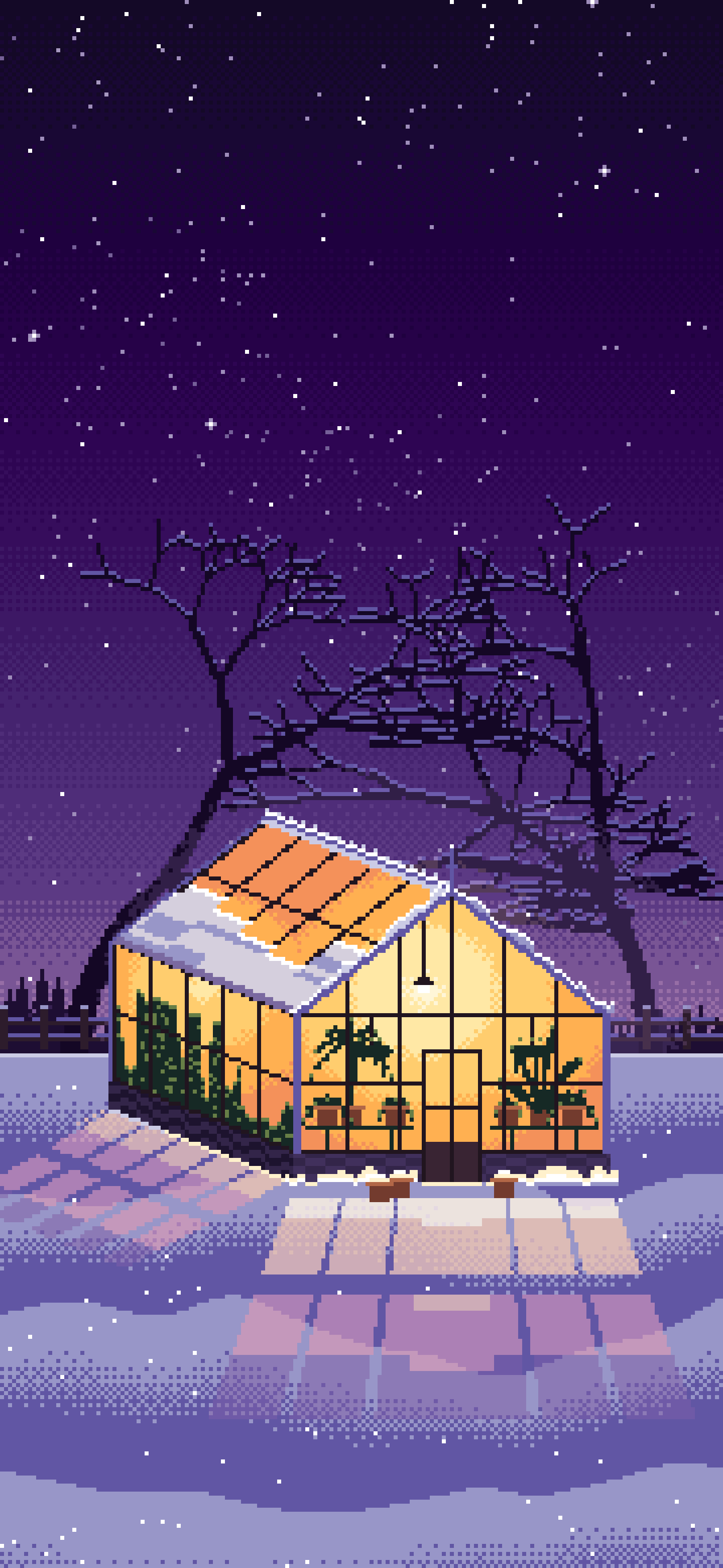 Dark Purple Pixel Art Snowy Greenhouse at Night wallpaper for iPhone and Android