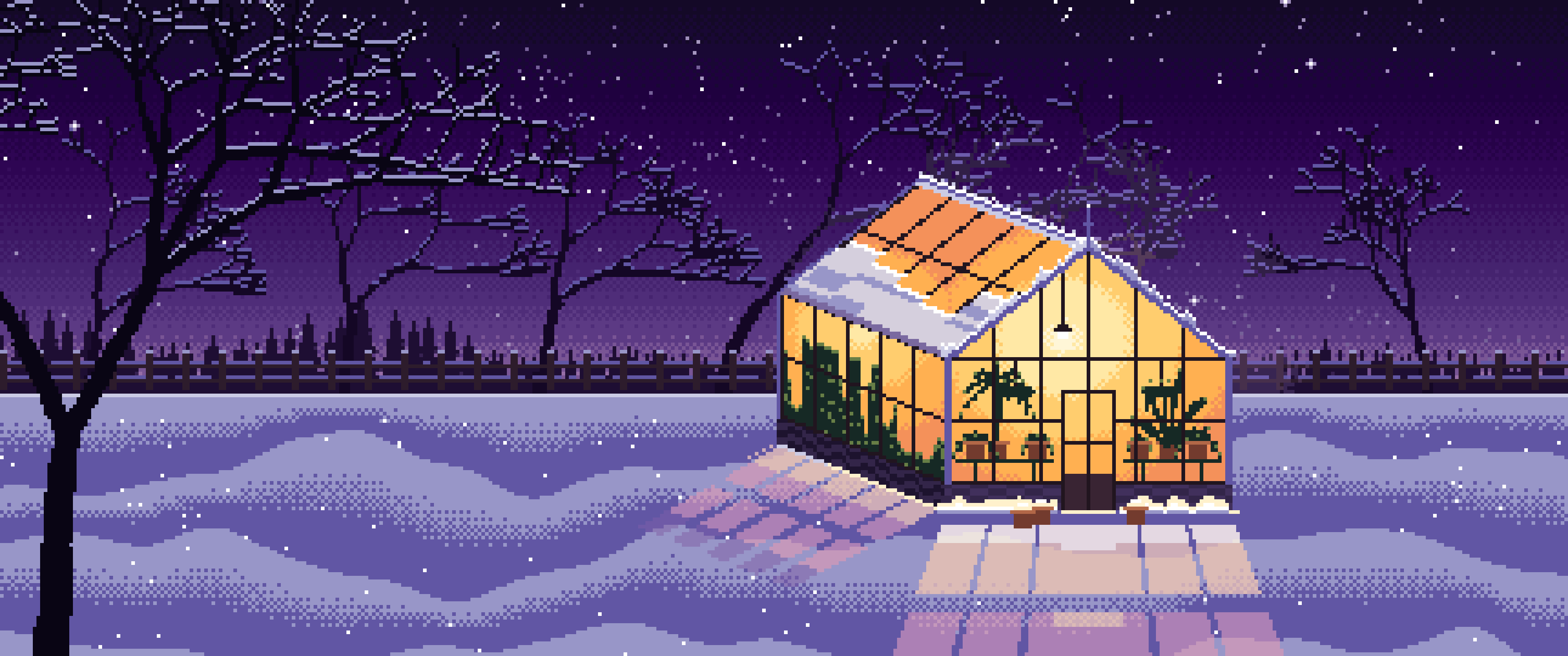 Dark Purple Pixel Art Snowy Greenhouse at Night ultrawide wallpaper, 3440 × 1440