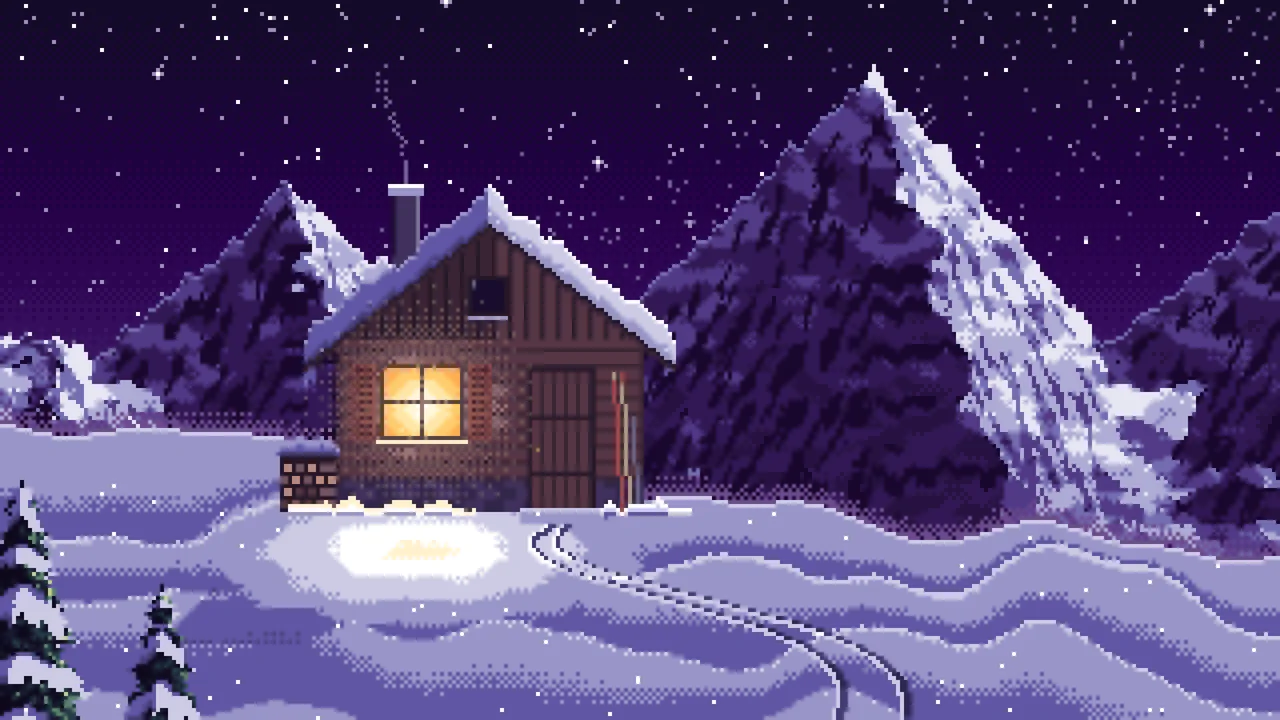 Dark Purple Pixel Art Snowy Mountain Hut Under the Stars desktop wallpaper in 4K