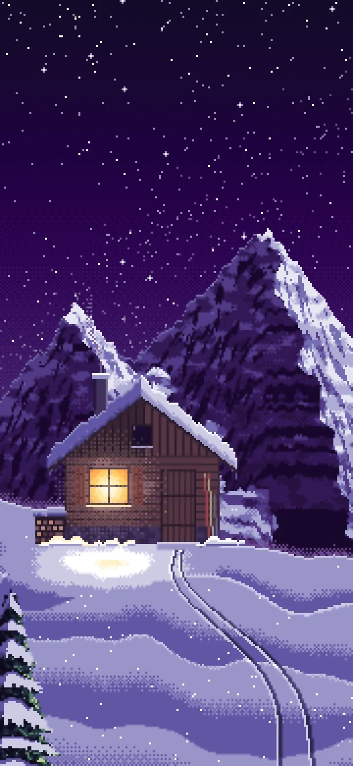Dark Purple Pixel Art Snowy Mountain Hut Under the Stars wallpaper for iPhone and Android