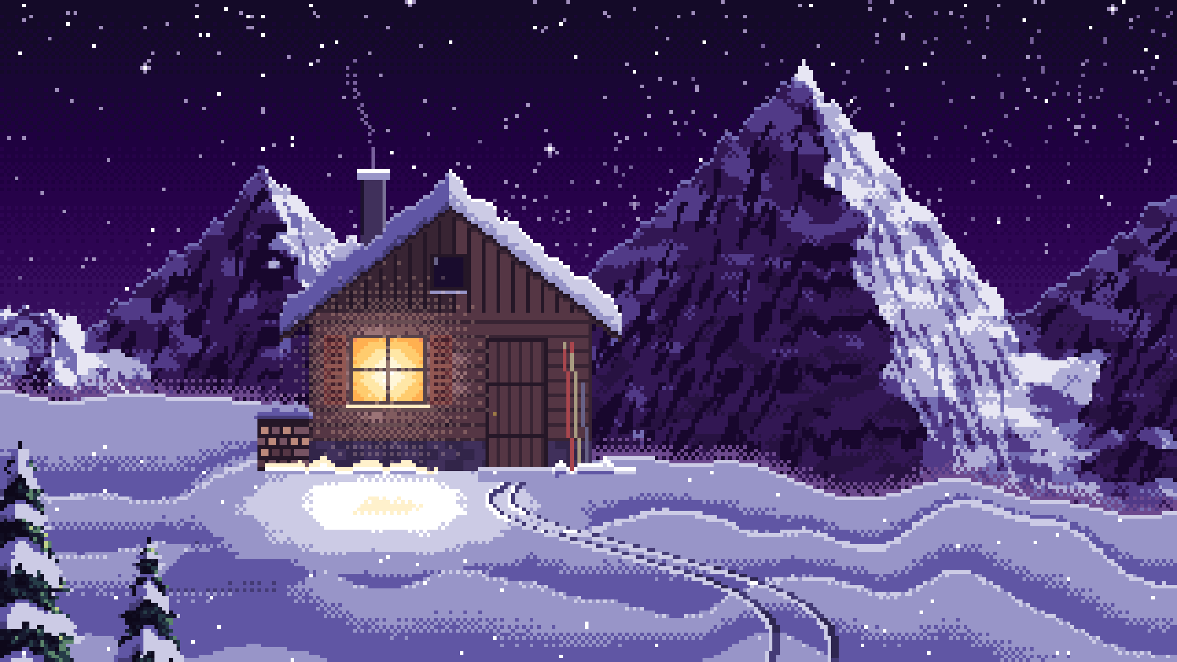Dark Purple Pixel Art Snowy Mountain Hut Under the Stars desktop wallpaper in 4K