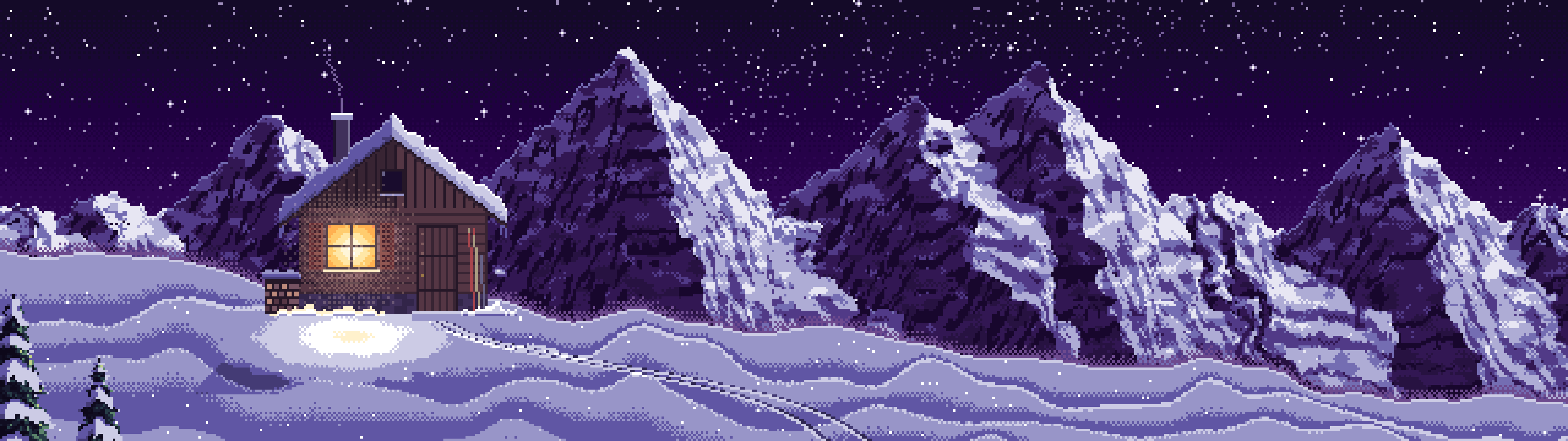 Dark Purple Pixel Art Snowy Mountain Hut Under the Stars dual monitor wallpaper, 7680 × 2160