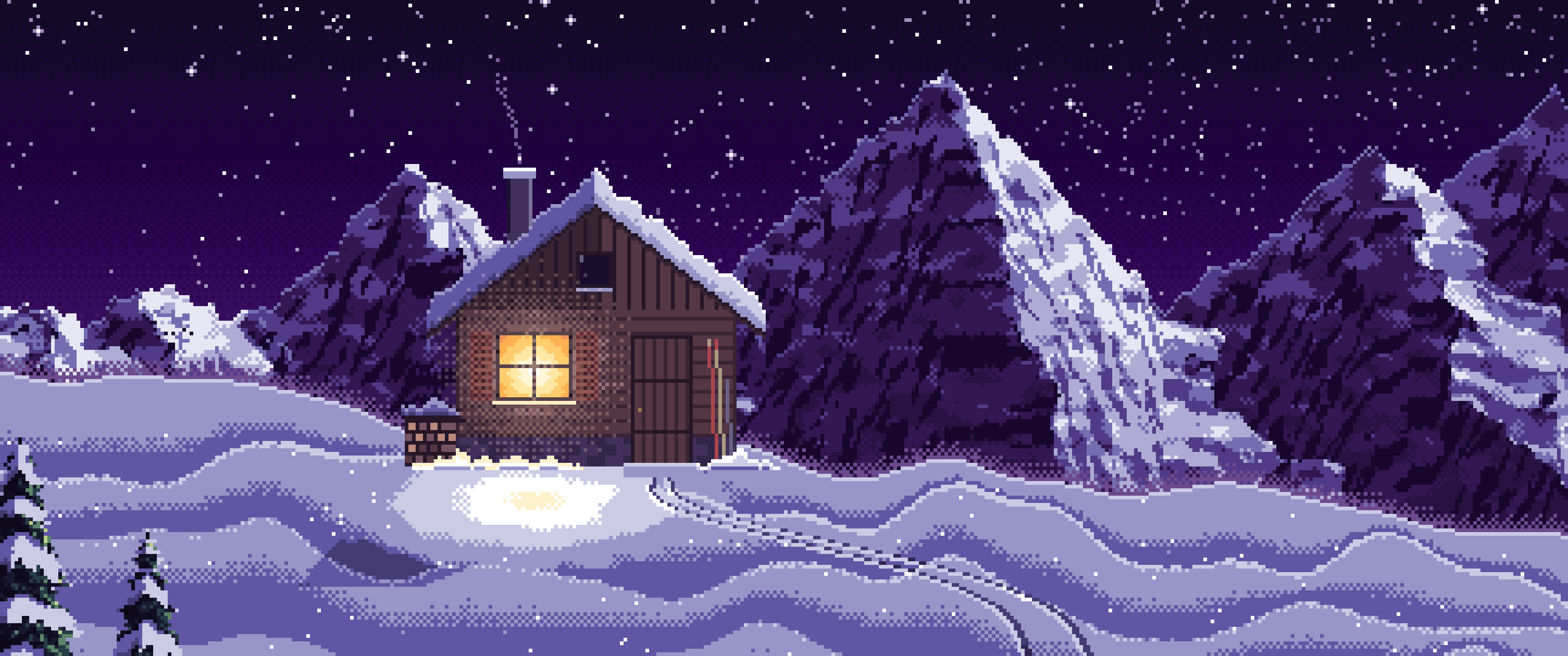Dark Purple Pixel Art Snowy Mountain Hut Under the Stars ultrawide wallpaper, 3440 × 1440