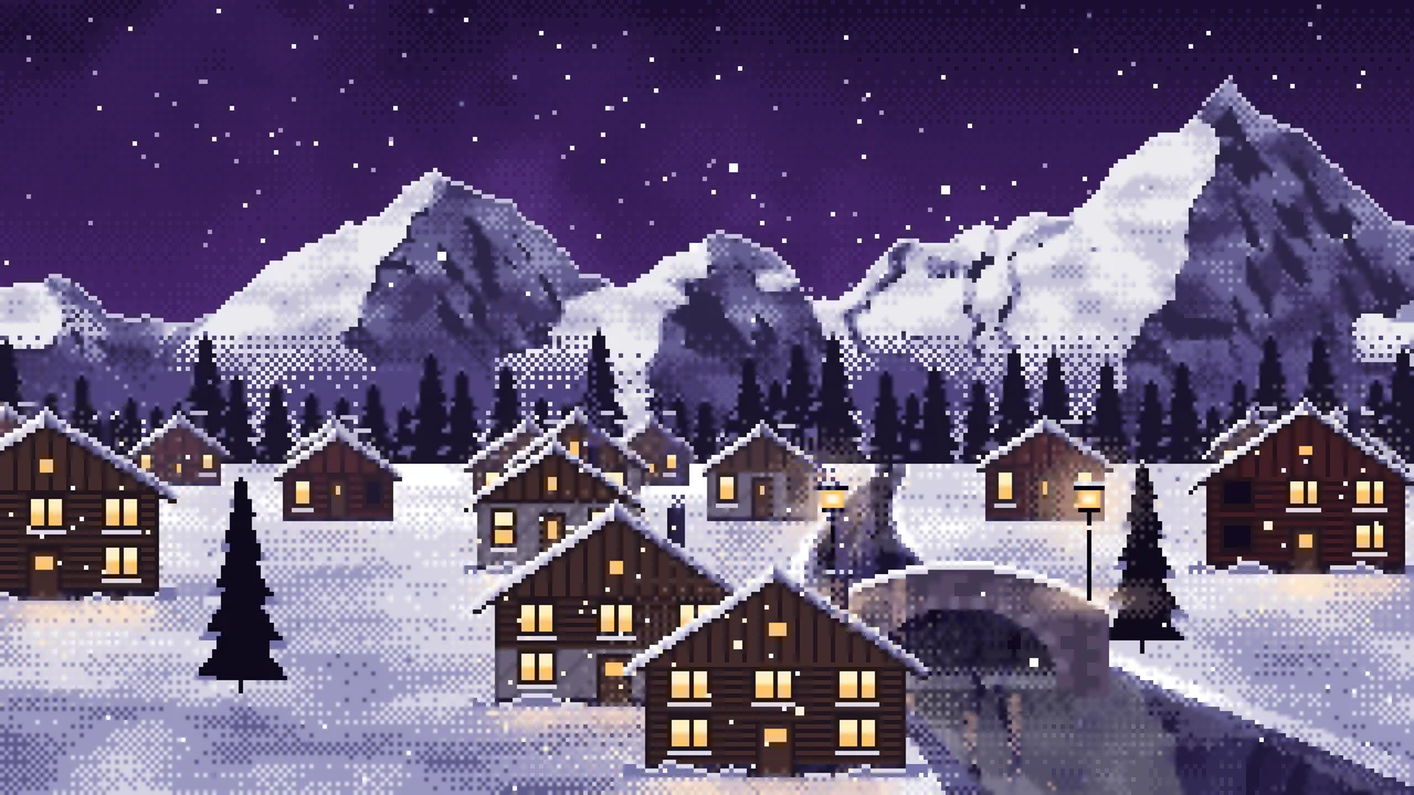 Dark Purple Pixel Art Snowy Mountain Village at Night desktop wallpaper in 4K