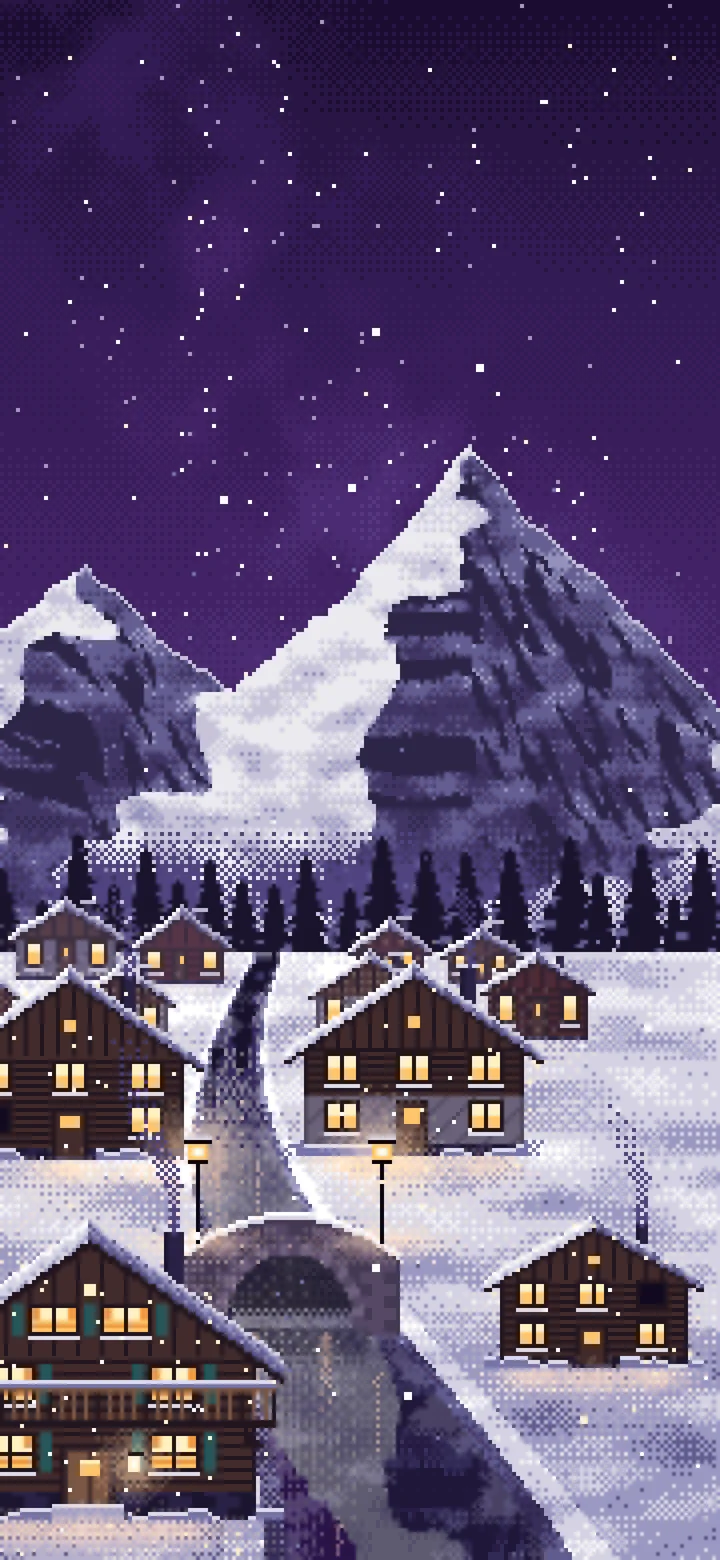 Dark Purple Pixel Art Snowy Mountain Village at Night wallpaper for iPhone and Android