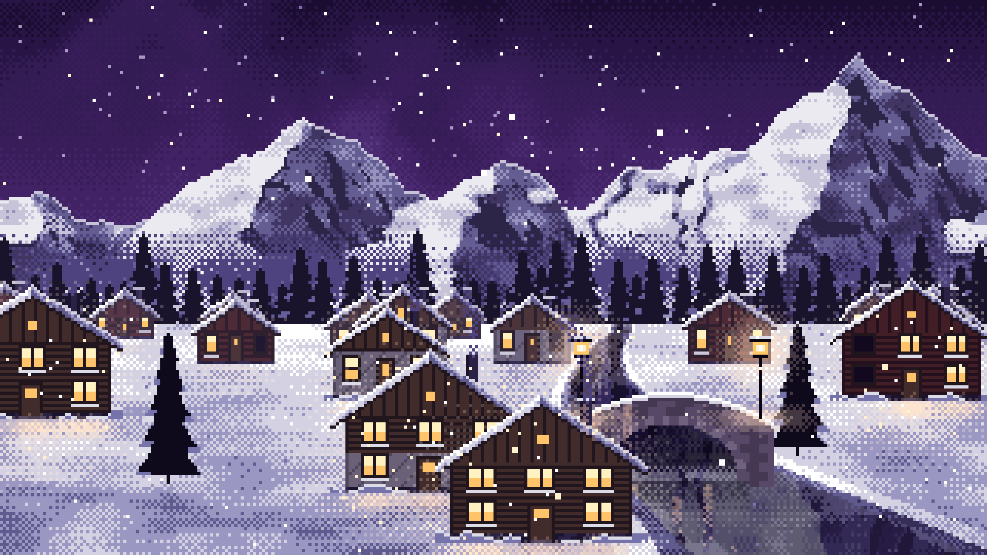 Dark Purple Pixel Art Snowy Mountain Village at Night desktop wallpaper in 4K