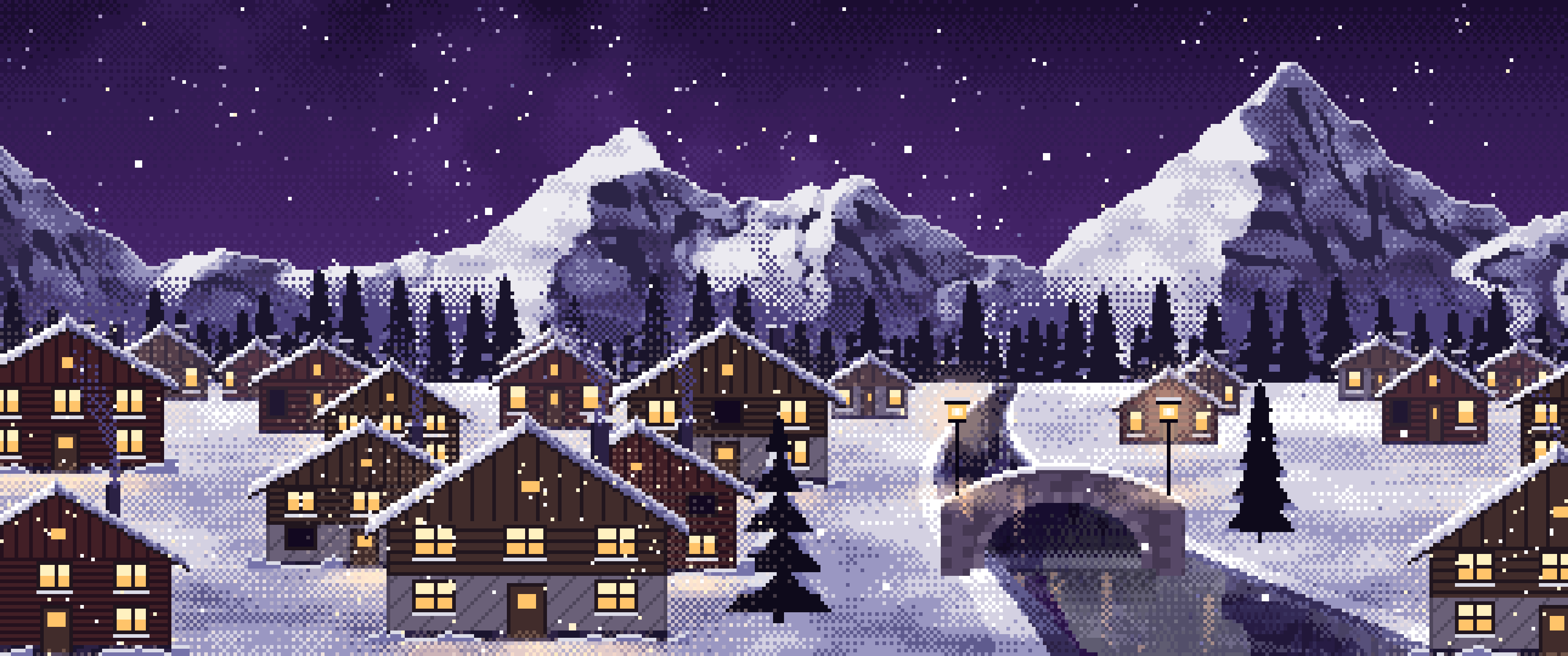 Dark Purple Pixel Art Snowy Mountain Village at Night ultrawide wallpaper, 3440 × 1440
