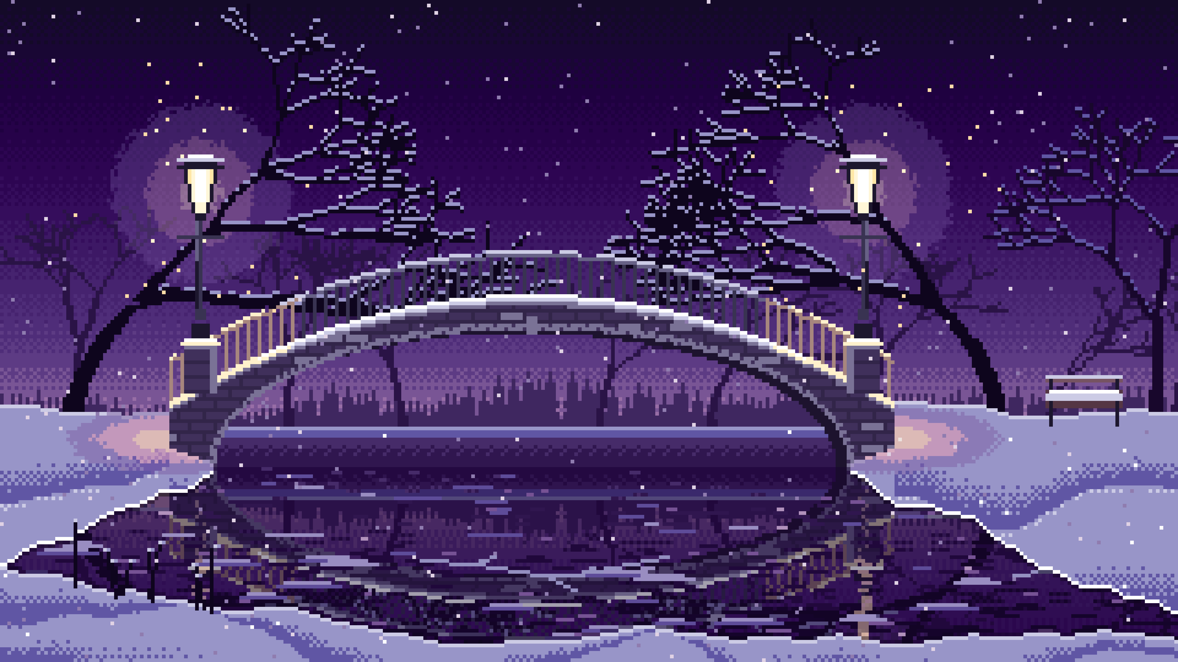 Dark Purple Pixel Art Snowy Park Bridge by Lamplight desktop wallpaper in 4K
