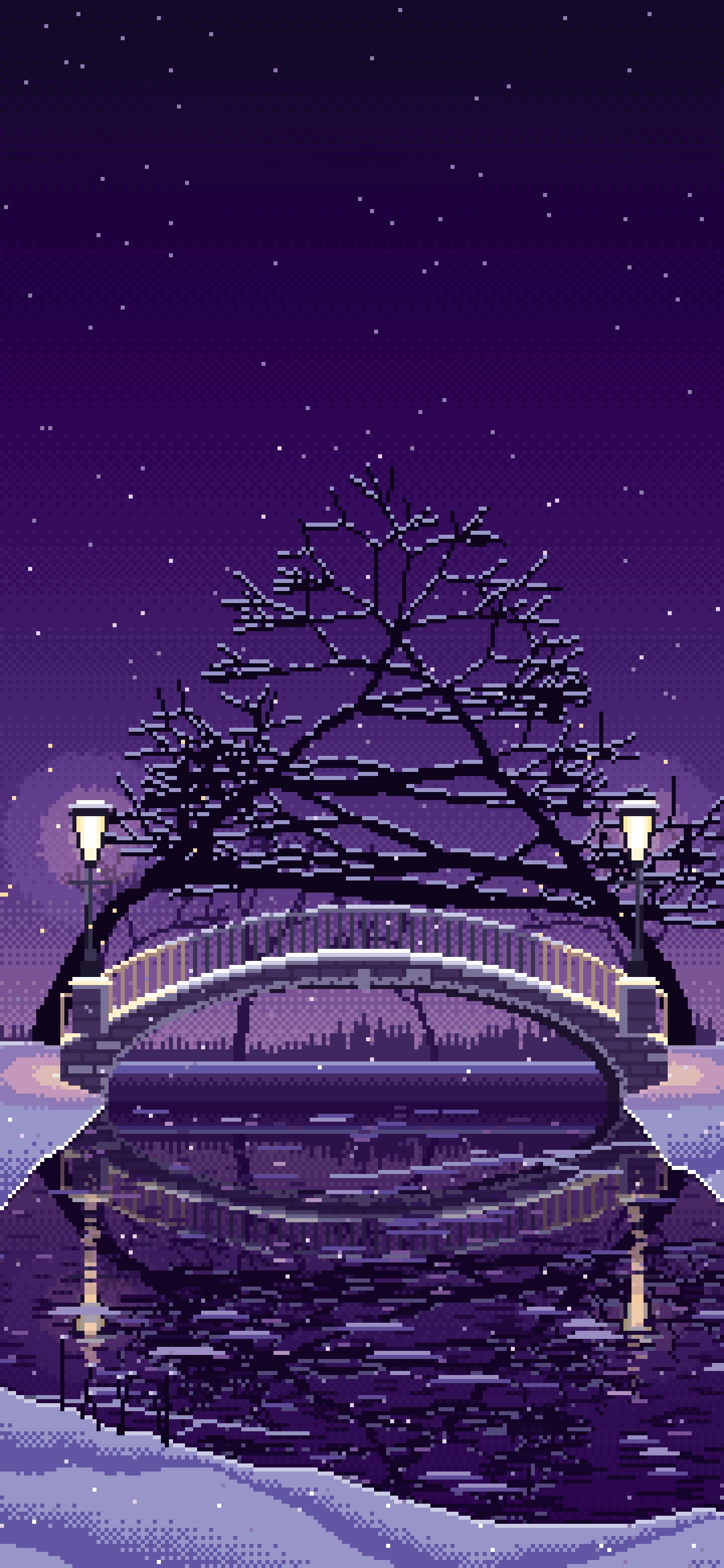 Dark Purple Pixel Art Snowy Park Bridge by Lamplight wallpaper for iPhone and Android