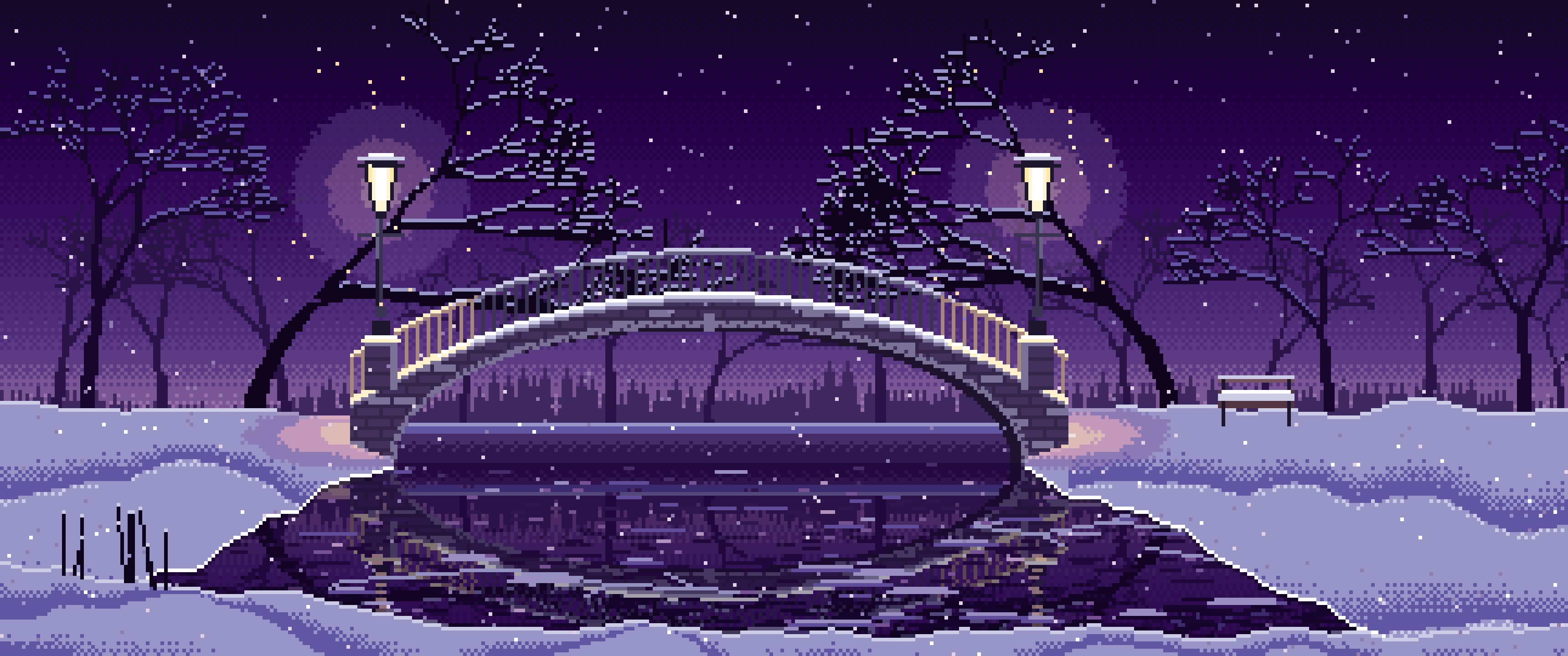 Dark Purple Pixel Art Snowy Park Bridge by Lamplight ultrawide wallpaper, 3440 × 1440