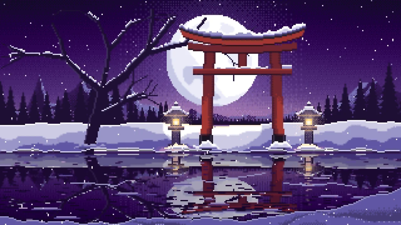 Dark Purple Pixel Art Snowy Torii Gate on a Frozen Lake desktop wallpaper in 4K