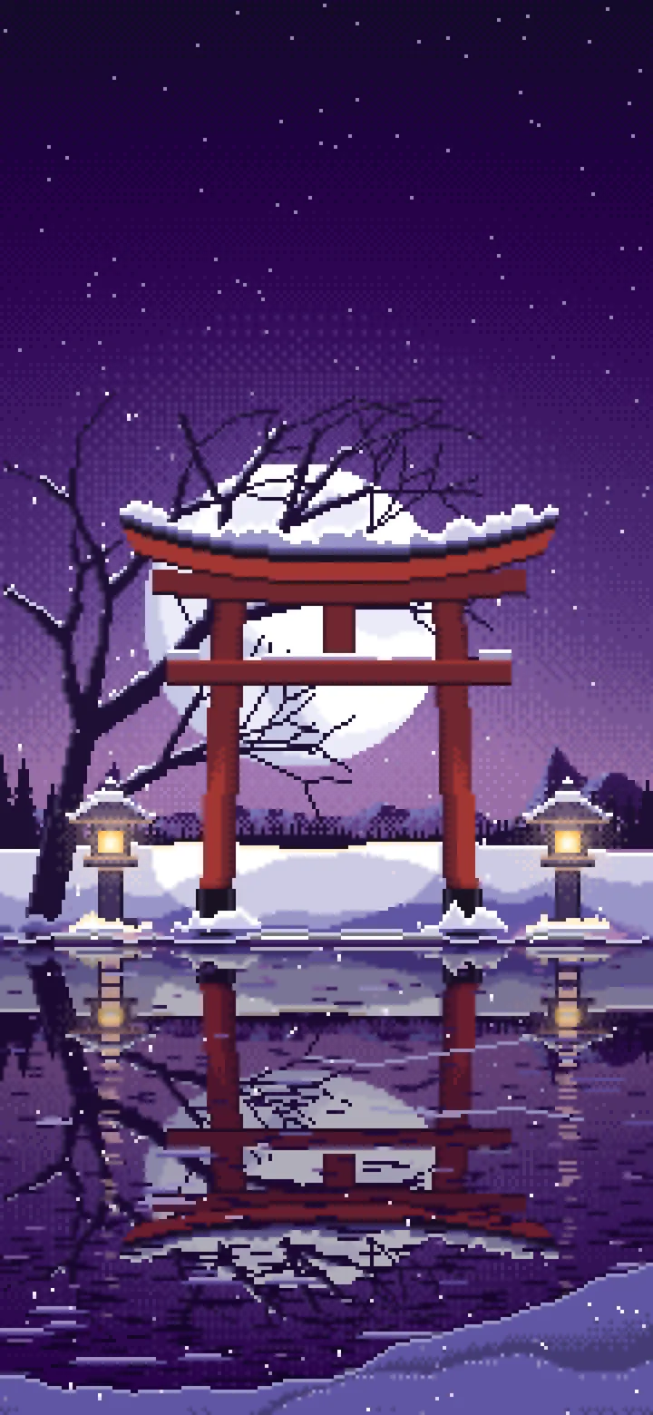 Dark Purple Pixel Art Snowy Torii Gate on a Frozen Lake wallpaper for iPhone and Android