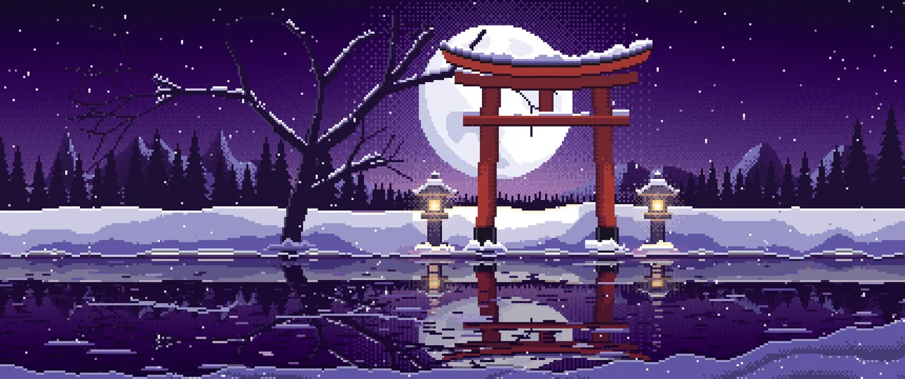 Dark Purple Pixel Art Snowy Torii Gate on a Frozen Lake ultrawide wallpaper, 3440 × 1440