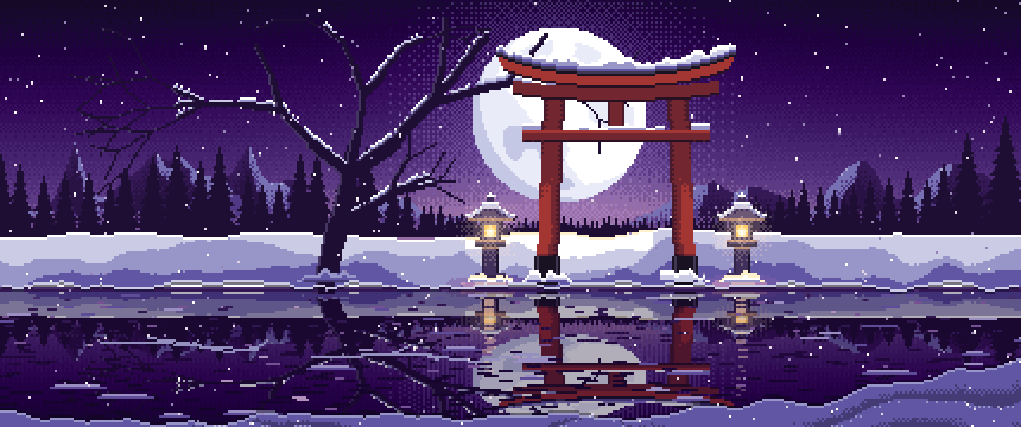 Dark Purple Pixel Art Snowy Torii Gate on a Frozen Lake ultrawide wallpaper, 3440 × 1440