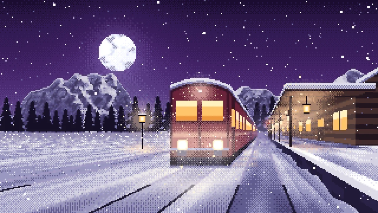 Dark Purple Pixel Art Snowy Train Station at Night desktop wallpaper in 4K