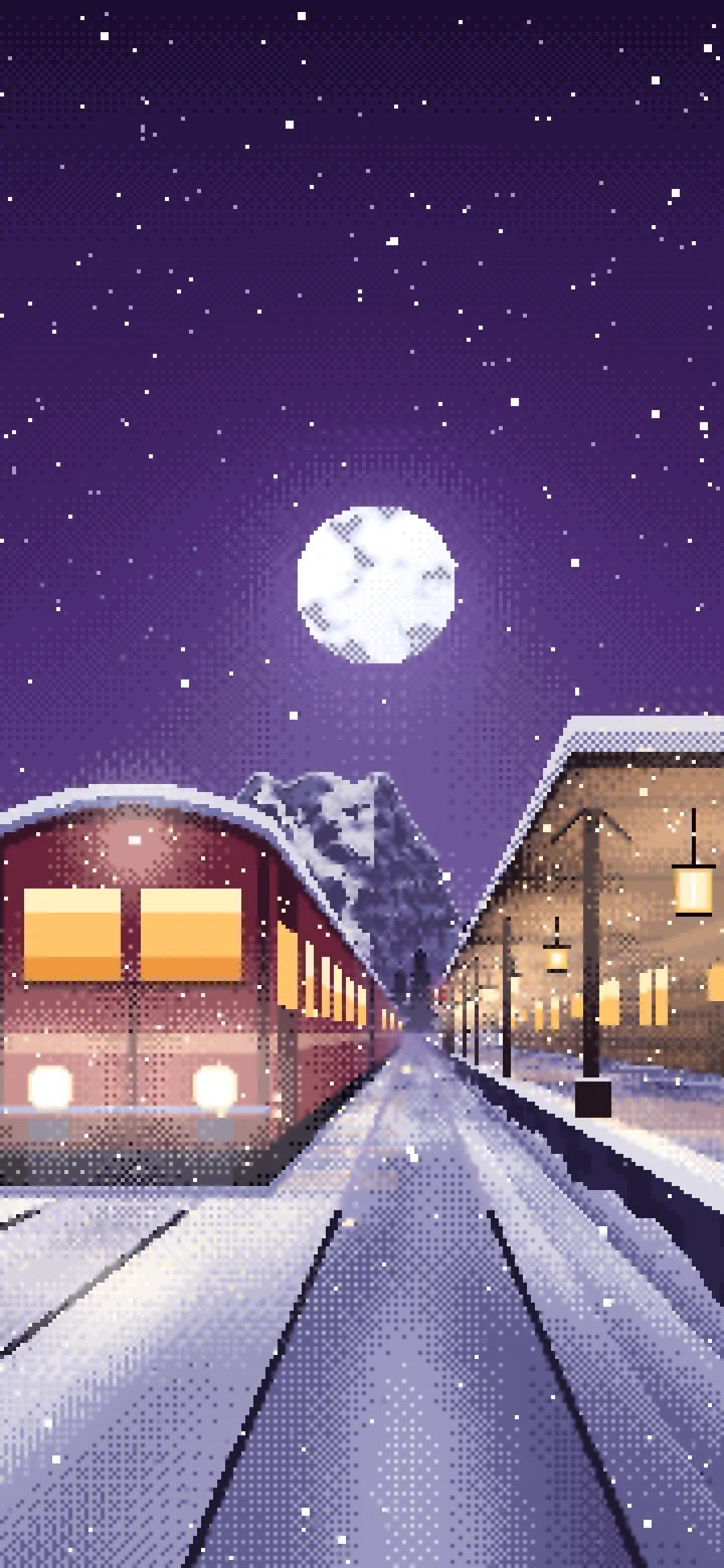 Dark Purple Pixel Art Snowy Train Station at Night wallpaper for iPhone and Android