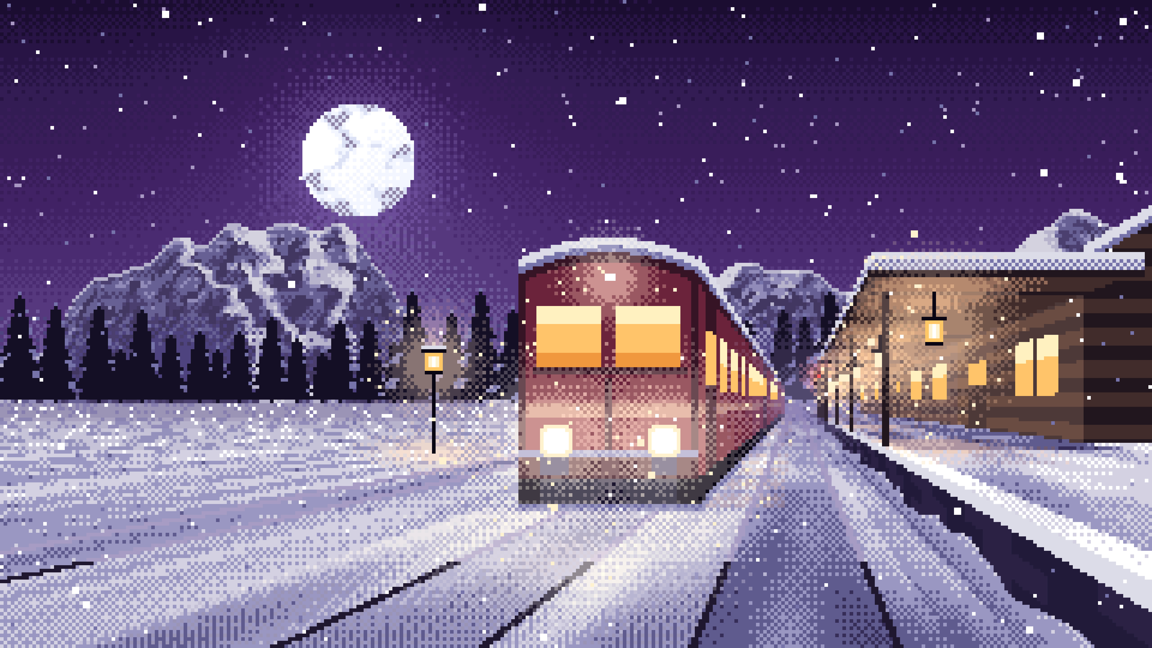 Dark Purple Pixel Art Snowy Train Station at Night desktop wallpaper in 4K