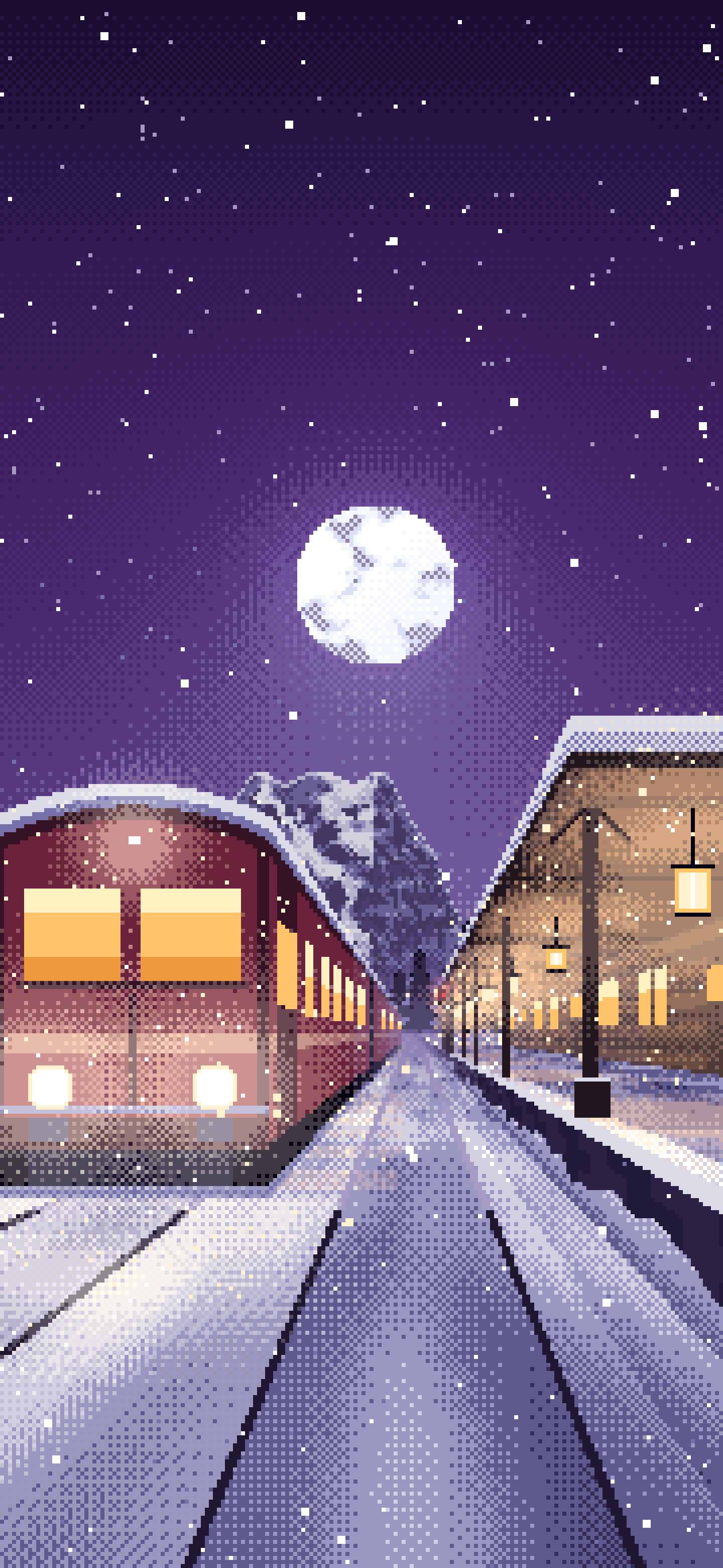 Dark Purple Pixel Art Snowy Train Station at Night wallpaper for iPhone and Android