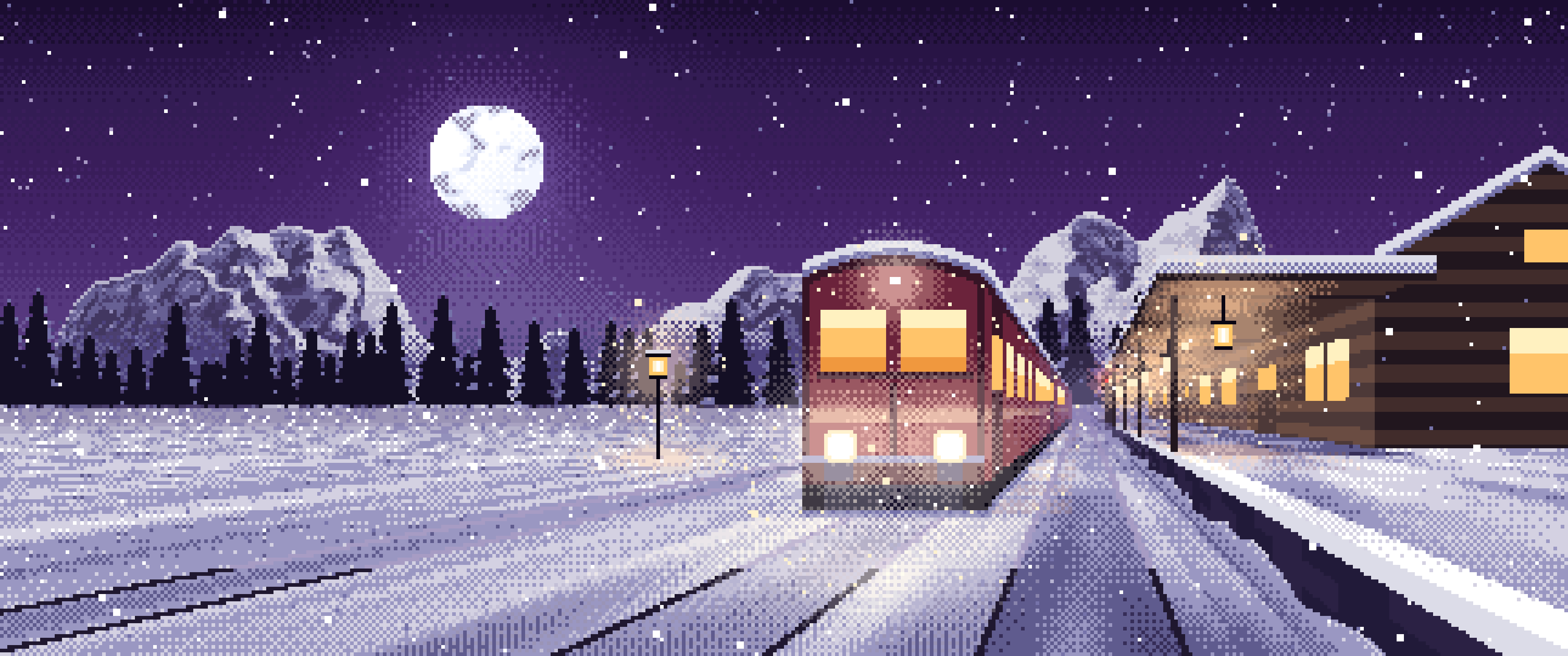 Dark Purple Pixel Art Snowy Train Station at Night ultrawide wallpaper, 3440 × 1440