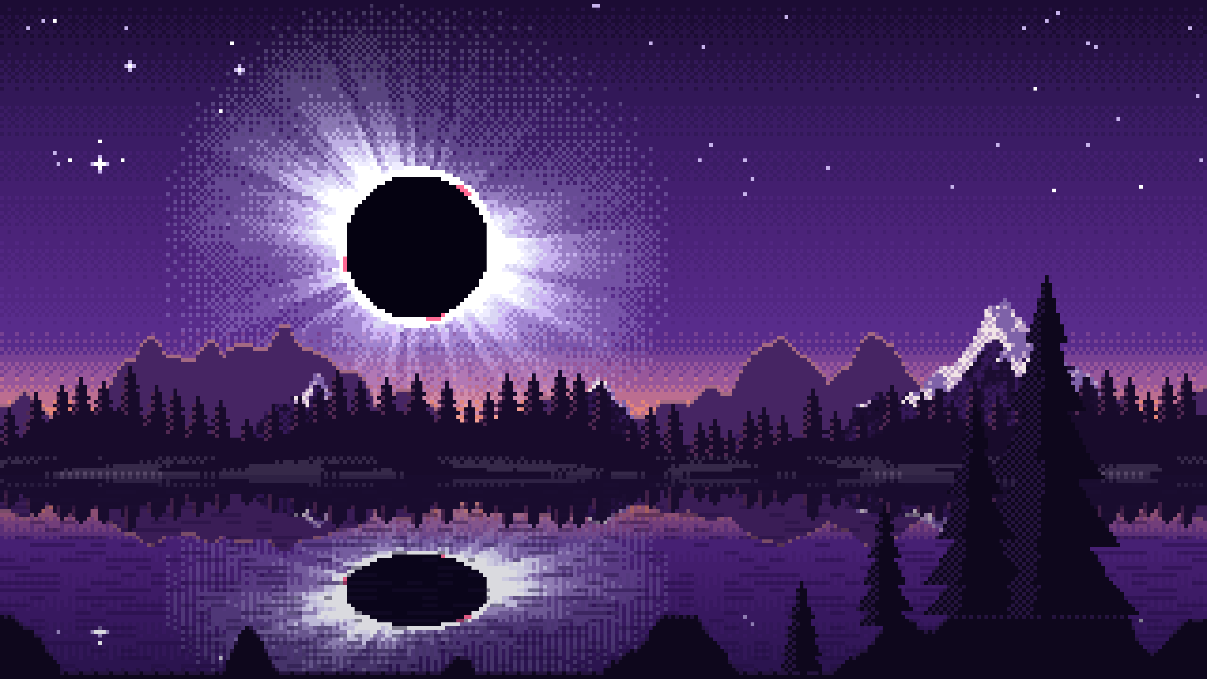 Dark Purple Pixel Art Solar Eclipse Over a Lake desktop wallpaper in 4K