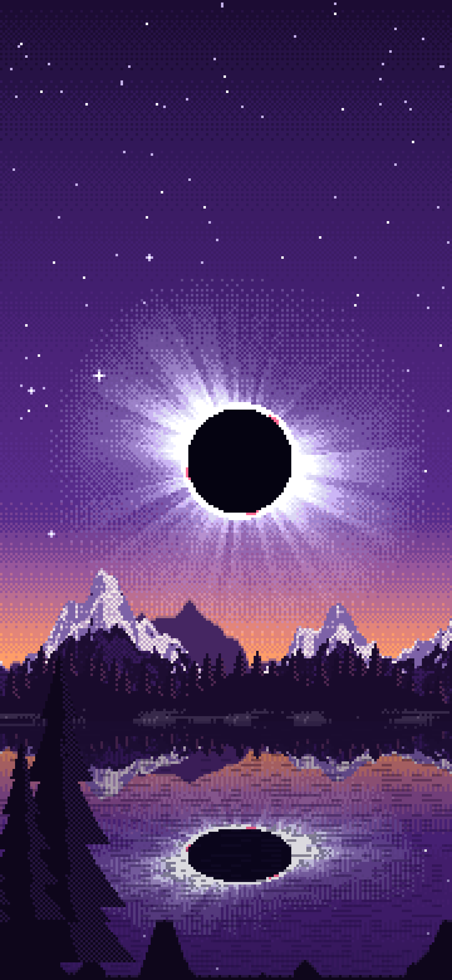 Dark Purple Pixel Art Solar Eclipse Over a Lake wallpaper for iPhone and Android
