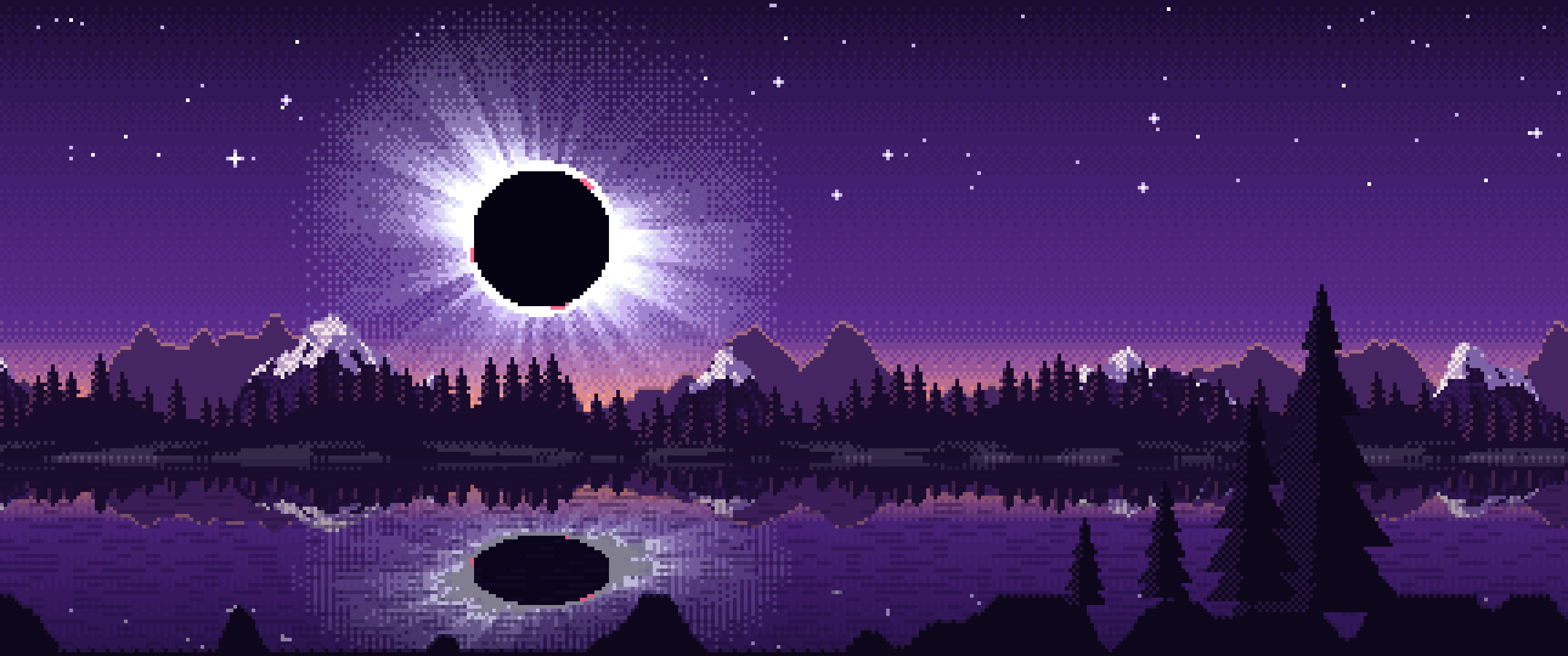 Dark Purple Pixel Art Solar Eclipse Over a Lake ultrawide wallpaper, 3440 × 1440
