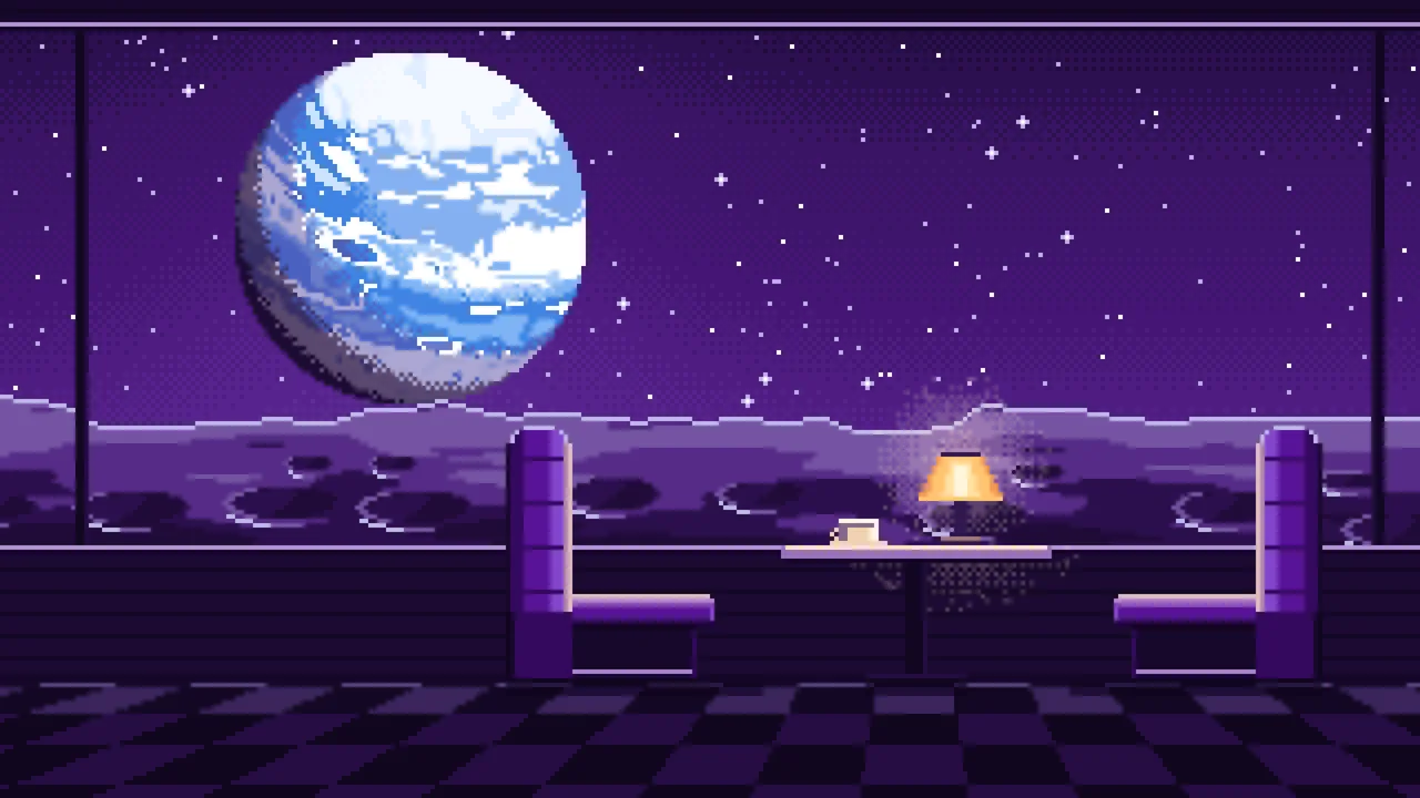 Dark Purple Pixel Art Space Diner Booth and a Planet desktop wallpaper in 4K