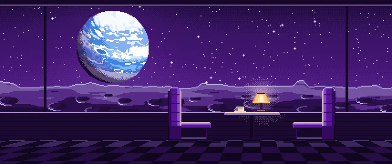 Dark Purple Pixel Art Space Diner Booth and a Planet ultrawide wallpaper, 3440 × 1440