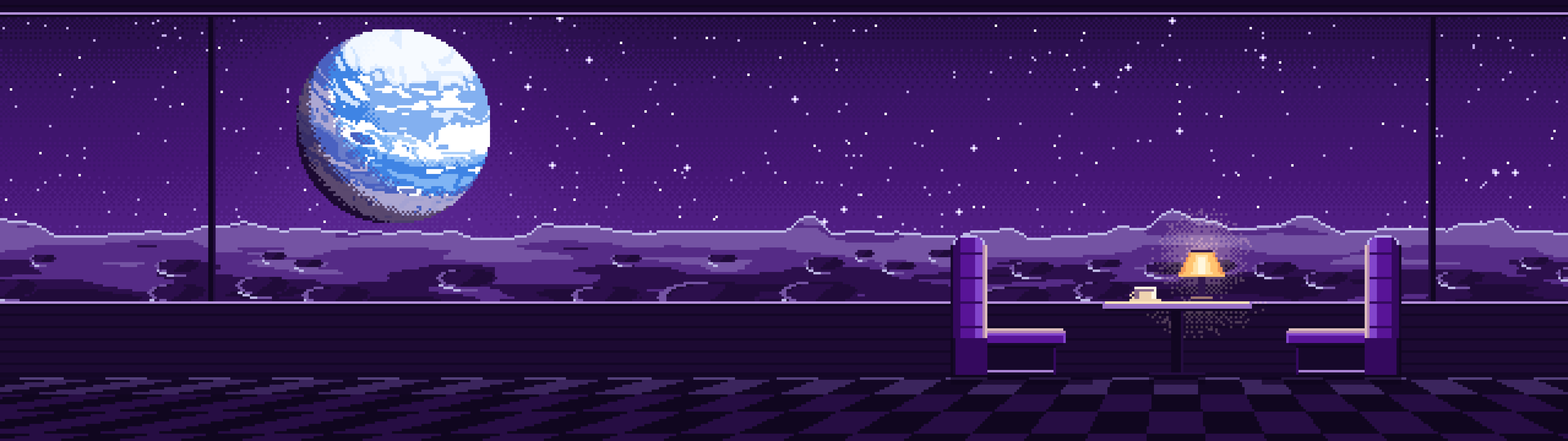 Dark Purple Pixel Art Space Diner Booth and a Planet dual monitor wallpaper, 7680 × 2160