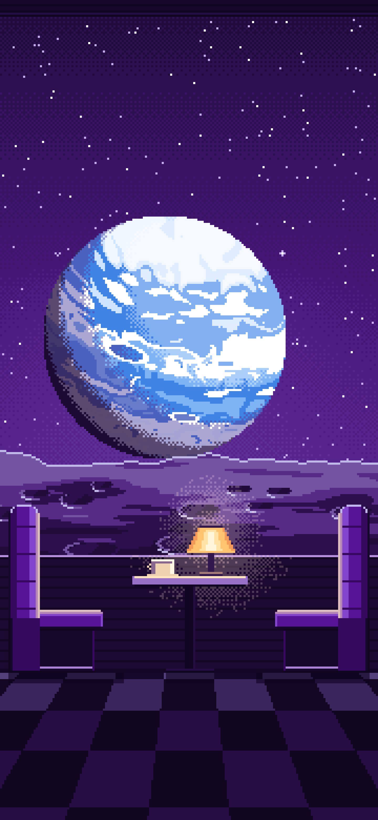 Dark Purple Pixel Art Space Diner Booth and a Planet wallpaper for iPhone and Android