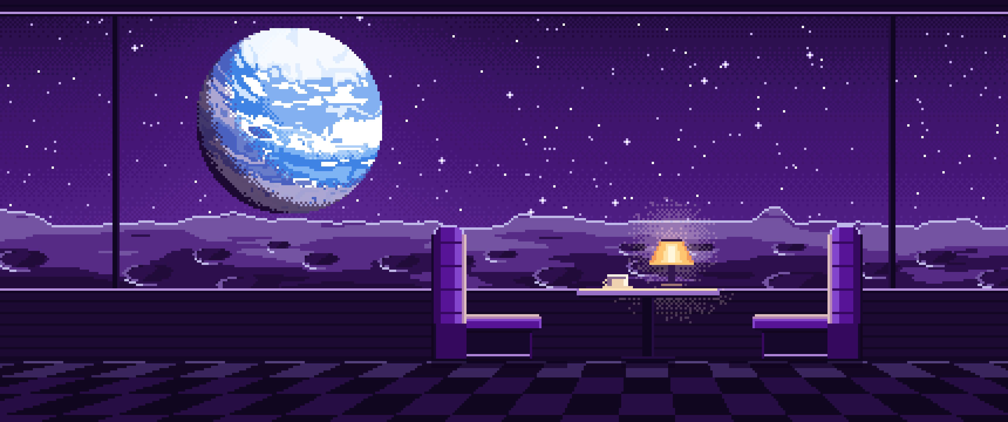Dark Purple Pixel Art Space Diner Booth and a Planet ultrawide wallpaper, 3440 × 1440