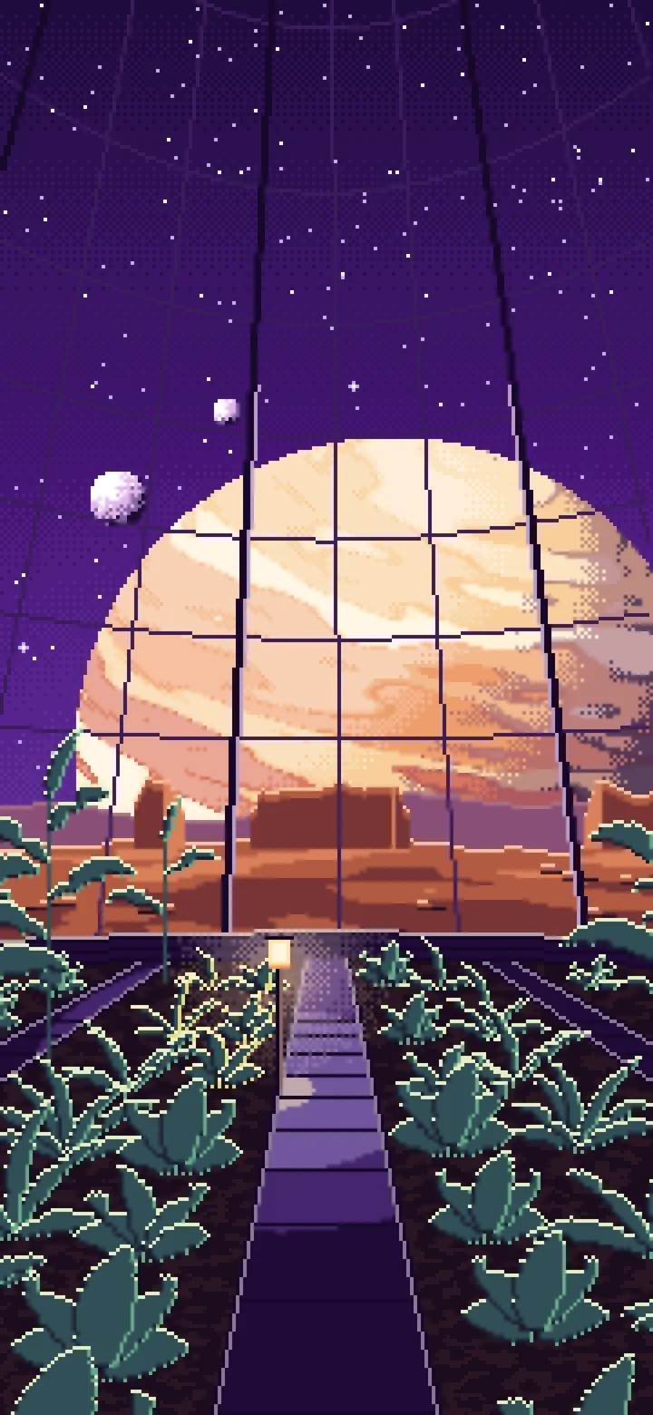 Dark Purple Pixel Art Space Greenhouse Dome and a Giant Planet wallpaper for iPhone and Android