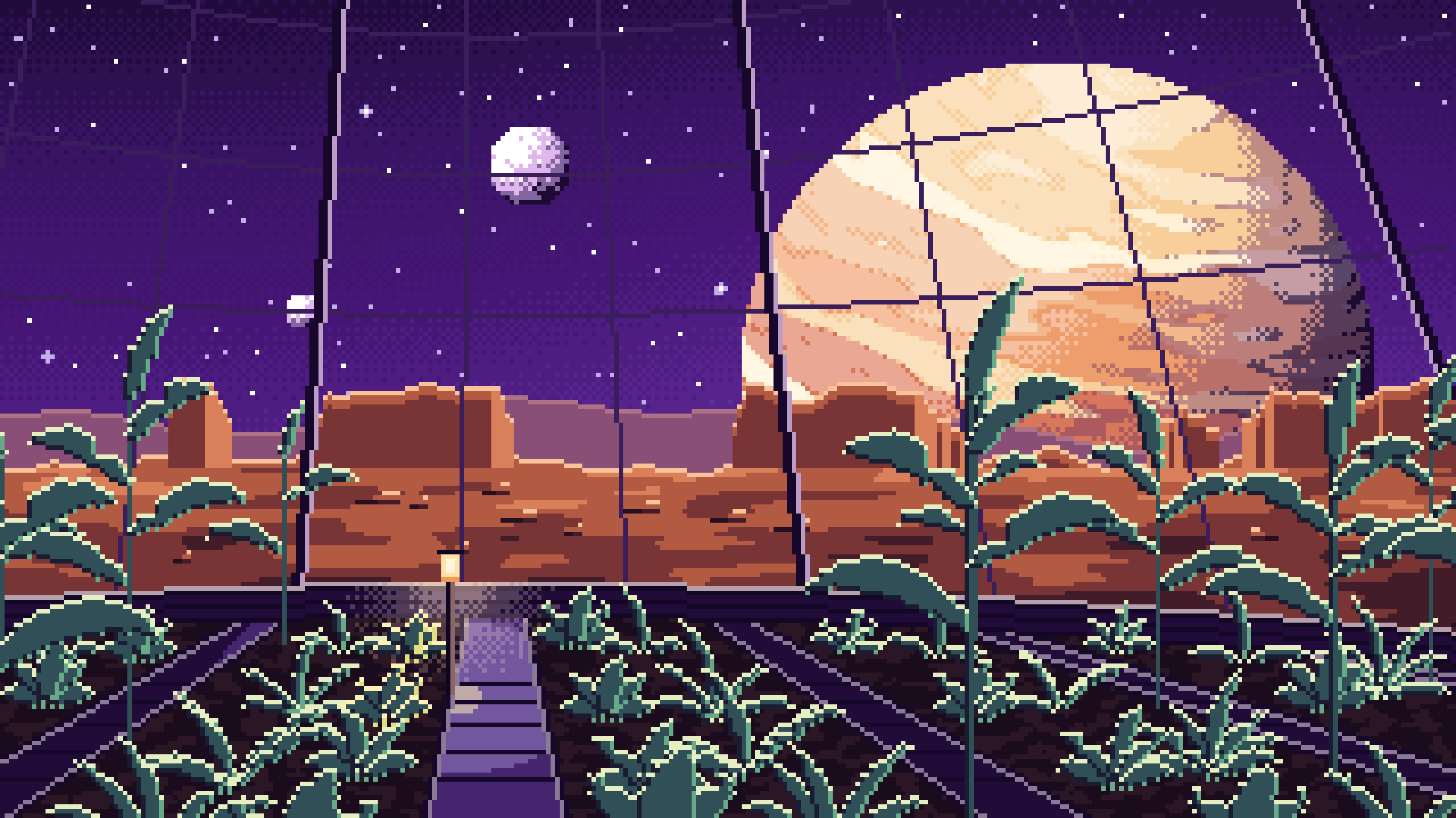Dark Purple Pixel Art Space Greenhouse Dome and a Giant Planet desktop wallpaper in 4K