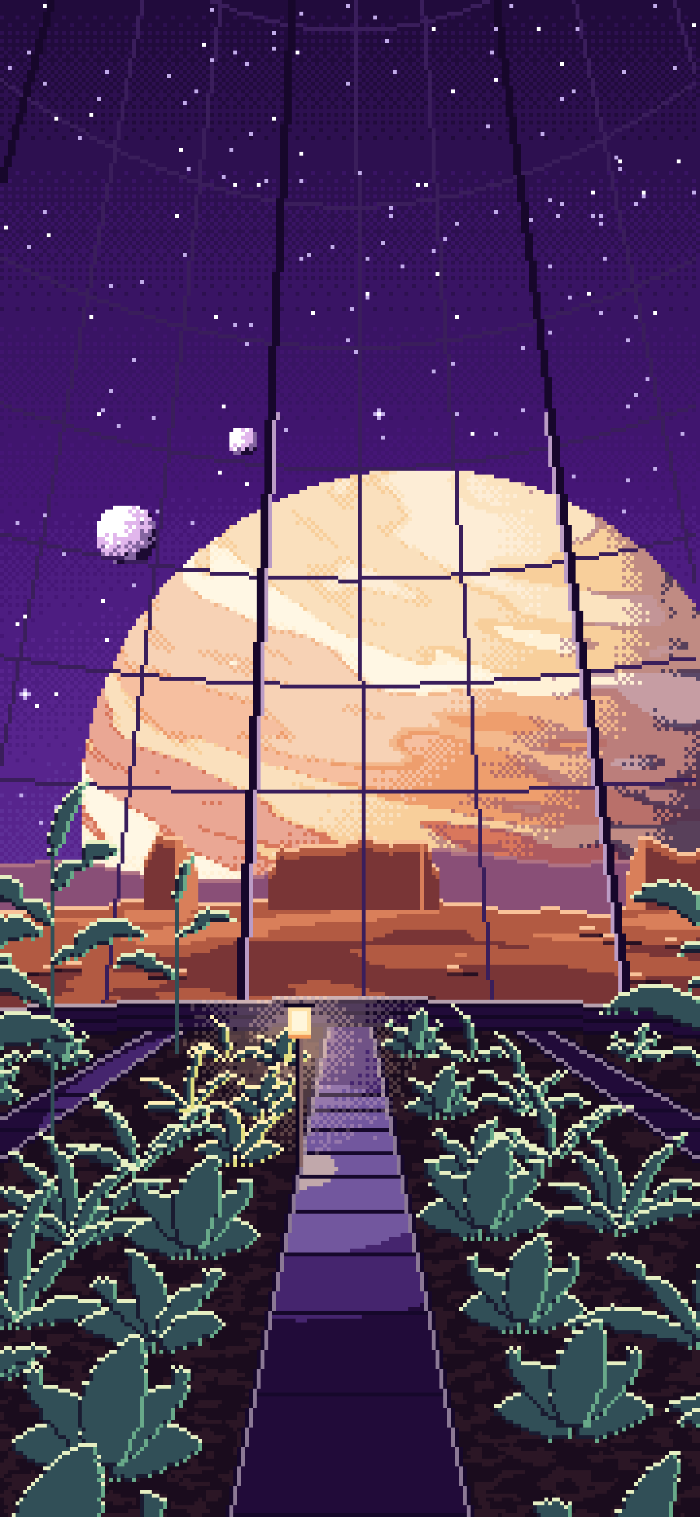 Dark Purple Pixel Art Space Greenhouse Dome and a Giant Planet wallpaper for iPhone and Android