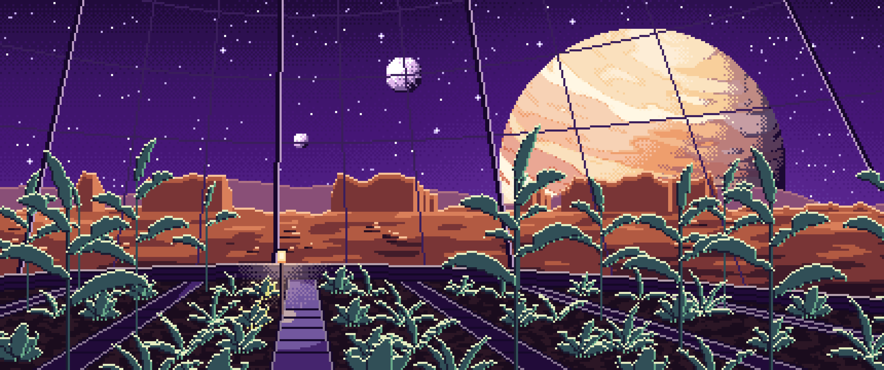 Dark Purple Pixel Art Space Greenhouse Dome and a Giant Planet ultrawide wallpaper, 3440 × 1440