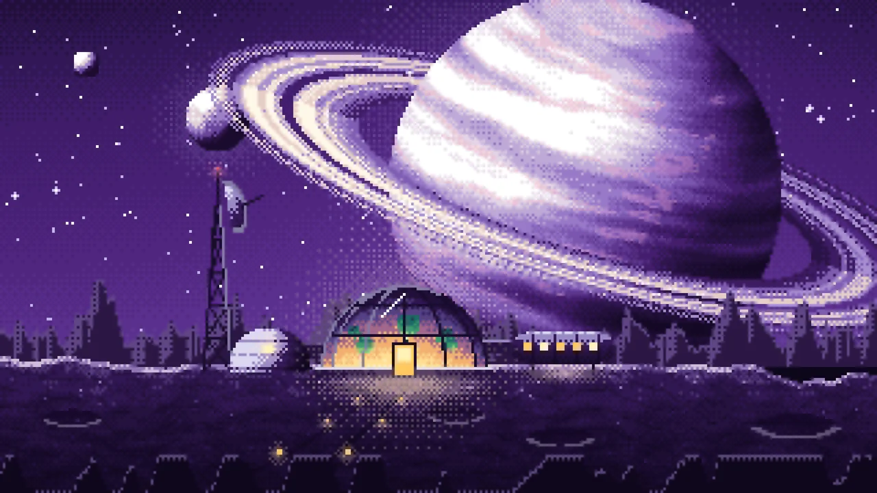 Dark Purple Pixel Art Space Outpost Under a Ringed Planet desktop wallpaper in 4K