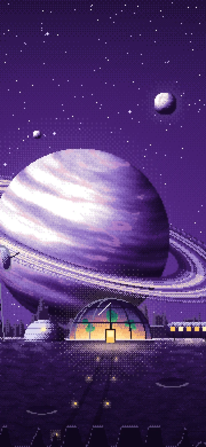 Dark Purple Pixel Art Space Outpost Under a Ringed Planet wallpaper for iPhone and Android