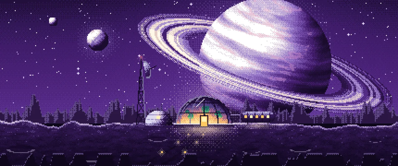 Dark Purple Pixel Art Space Outpost Under a Ringed Planet ultrawide wallpaper, 3440 × 1440