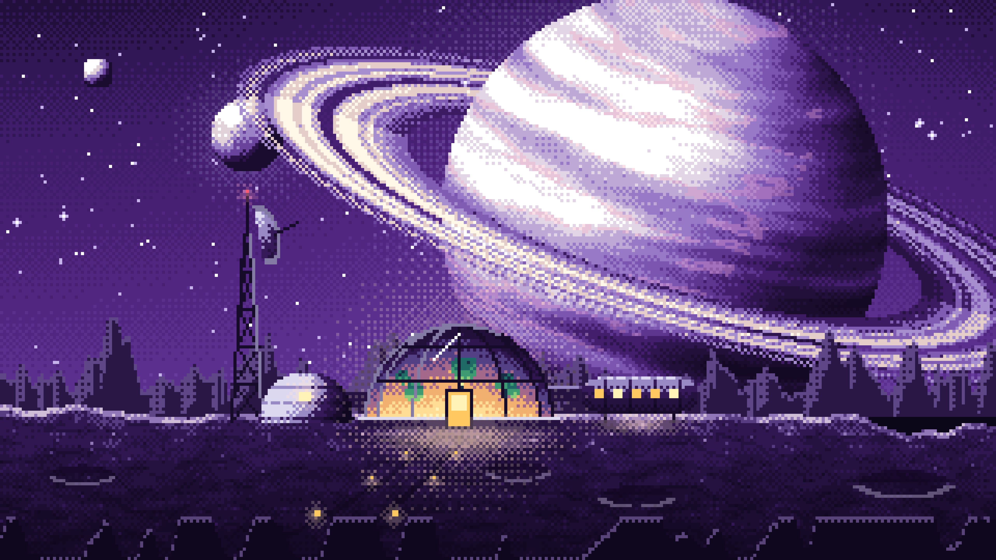 Dark Purple Pixel Art Space Outpost Under a Ringed Planet desktop wallpaper in 4K