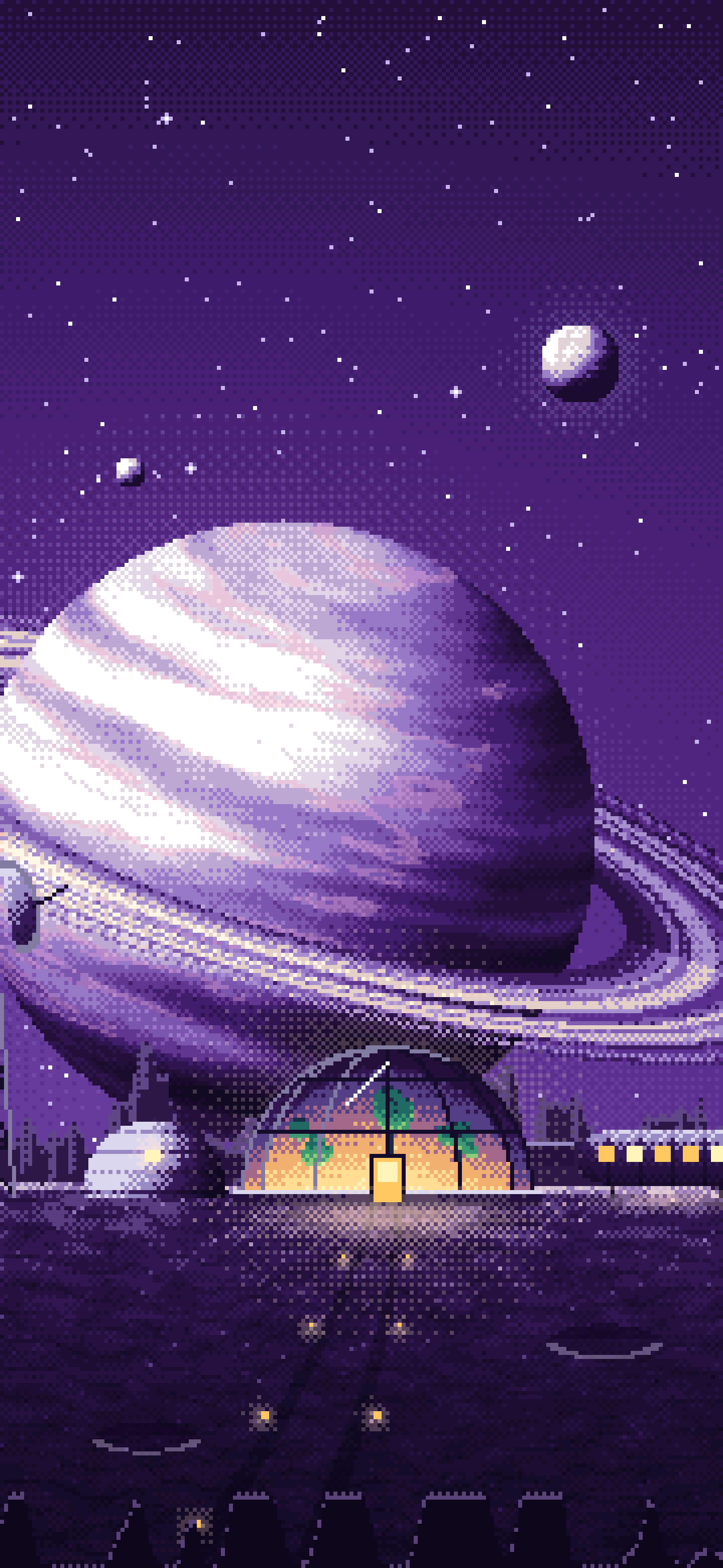 Dark Purple Pixel Art Space Outpost Under a Ringed Planet wallpaper for iPhone and Android