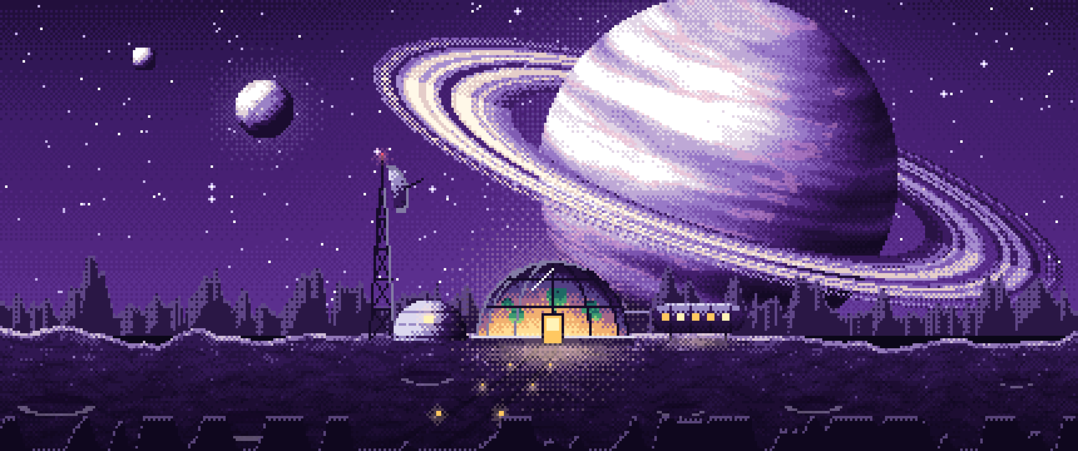 Dark Purple Pixel Art Space Outpost Under a Ringed Planet ultrawide wallpaper, 3440 × 1440