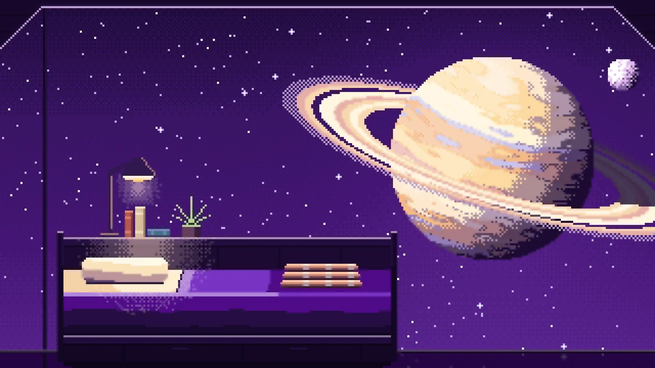Dark Purple Pixel Art Space Station Bedroom and a Ringed Planet desktop wallpaper in 4K