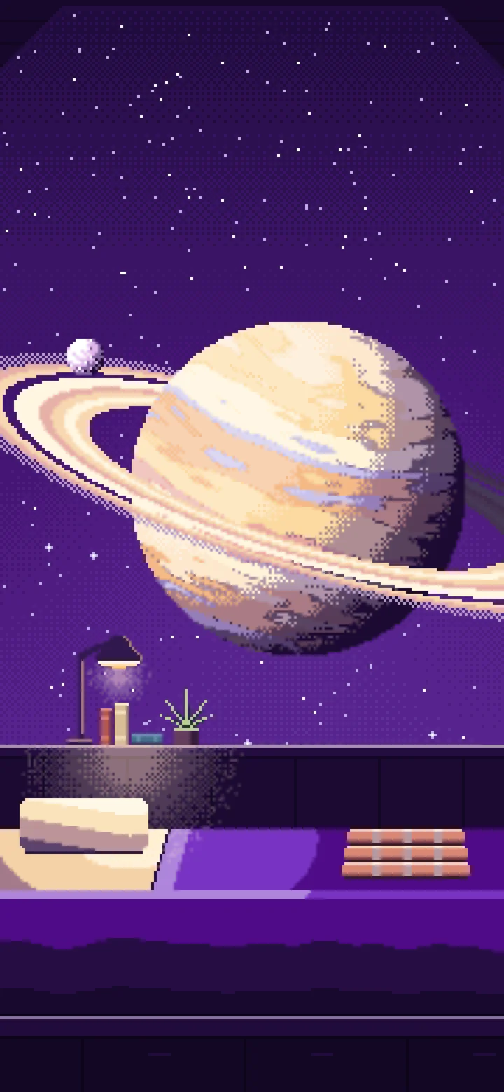 Dark Purple Pixel Art Space Station Bedroom and a Ringed Planet wallpaper for iPhone and Android