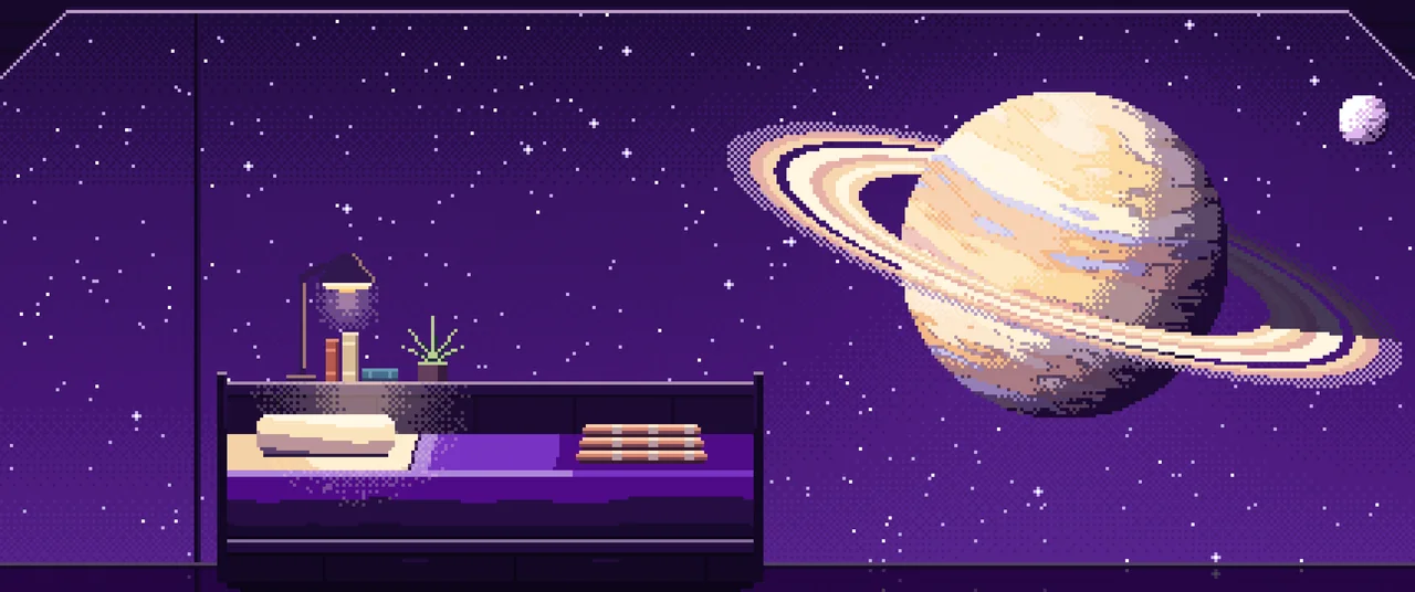 Dark Purple Pixel Art Space Station Bedroom and a Ringed Planet ultrawide wallpaper, 3440 × 1440