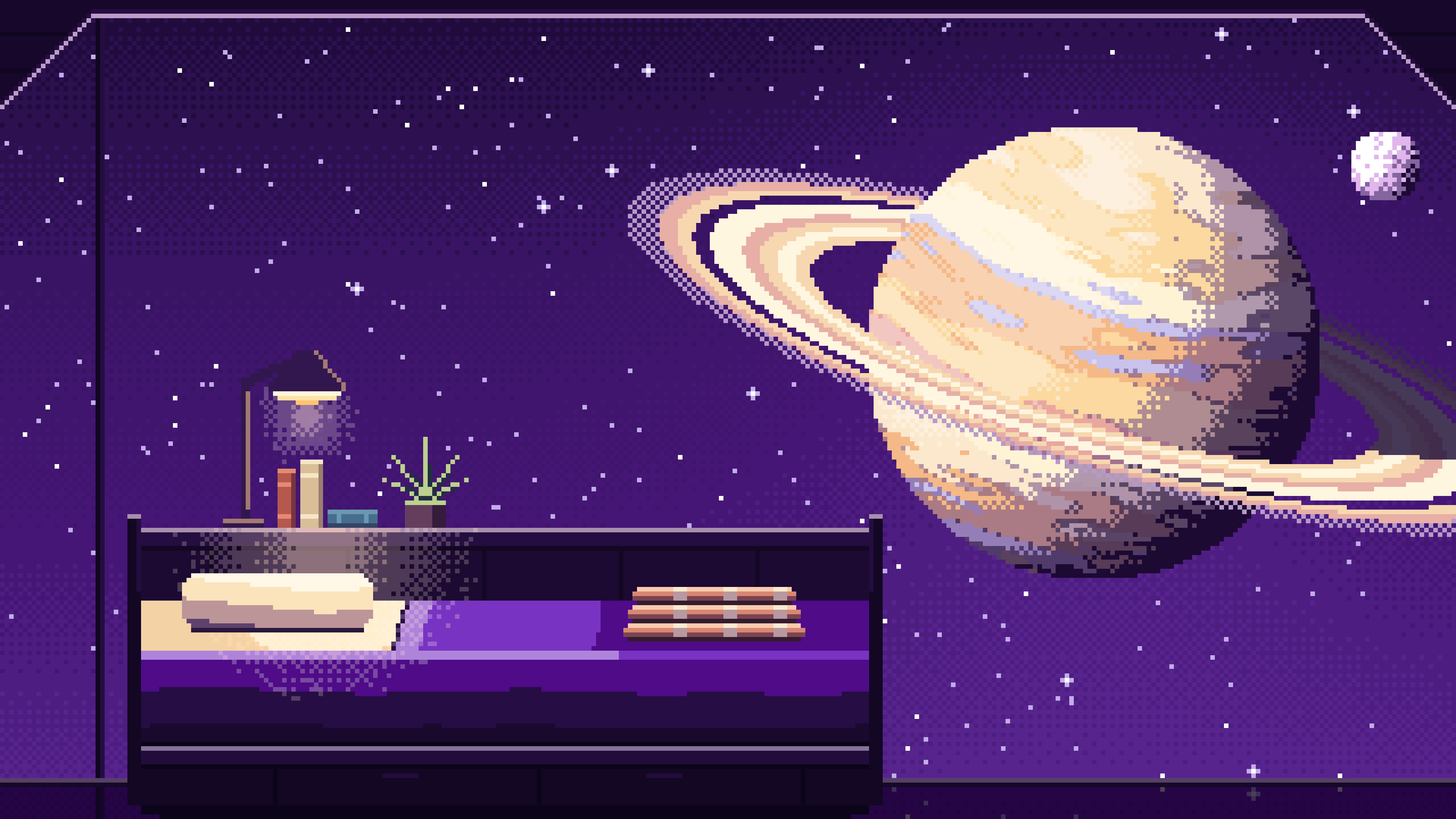 Dark Purple Pixel Art Space Station Bedroom and a Ringed Planet desktop wallpaper in 4K